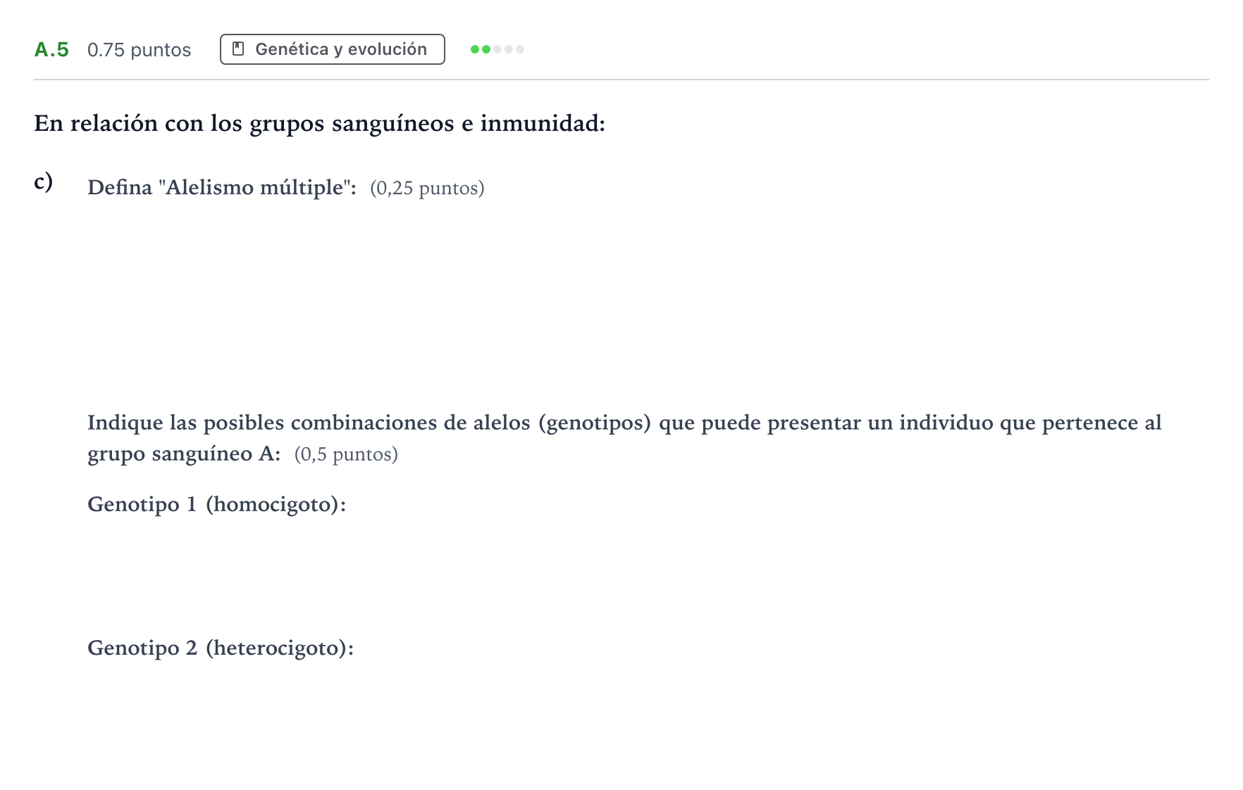 Enunciado: Ejercicio A.5 - Genética y evolución · Biología PAU Madrid Ordinaria Coincidencias 2022