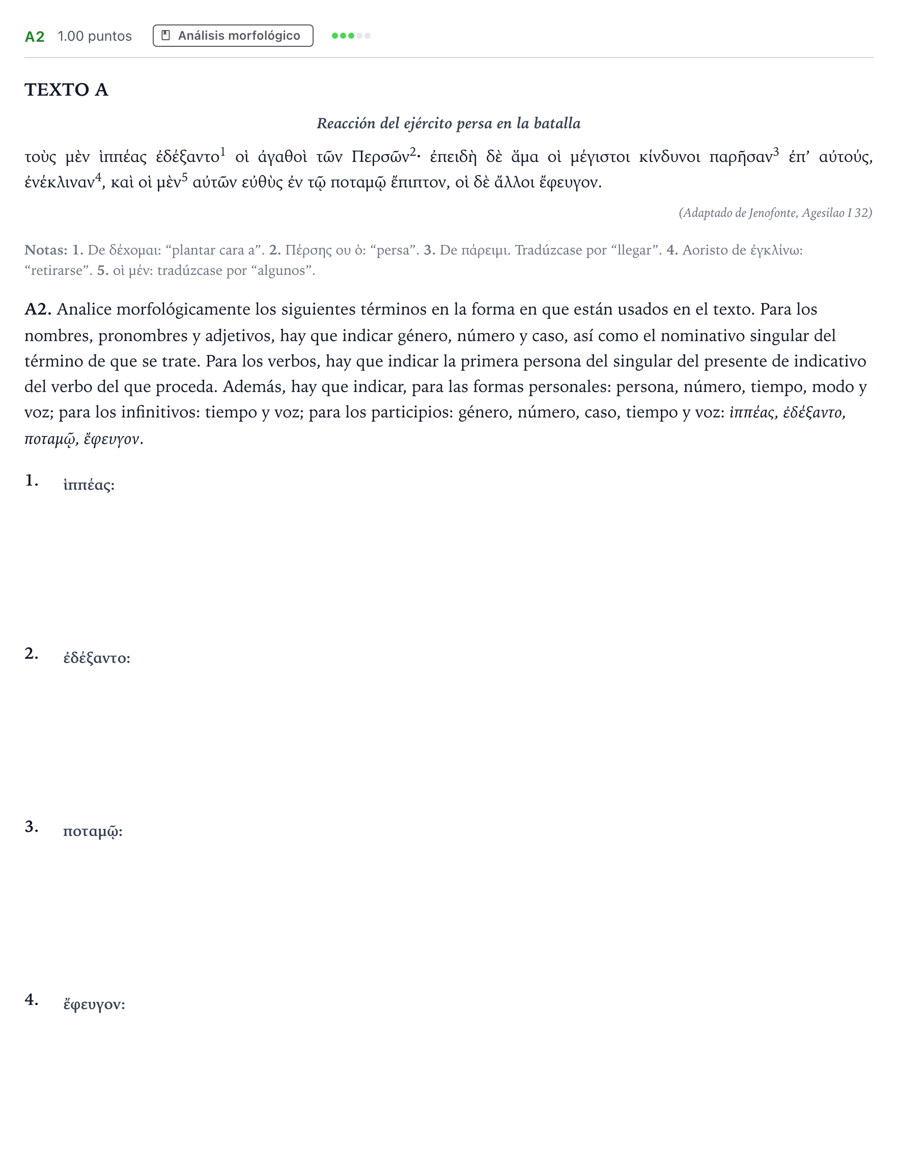 Enunciado: Ejercicio A2 · Griego II PAU Madrid Modelo 2022