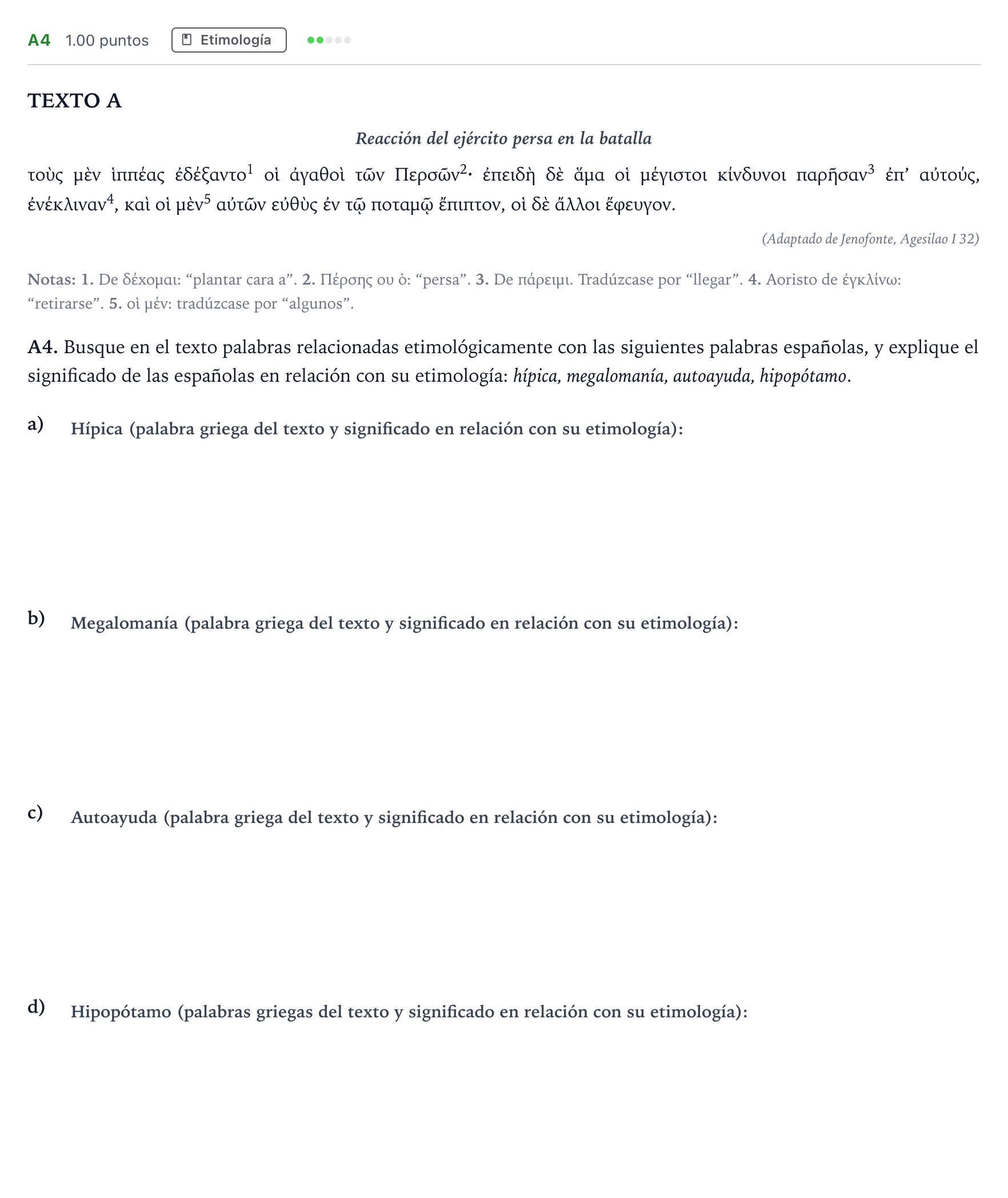 Enunciado: Ejercicio A4 · Griego II PAU Madrid Modelo 2022