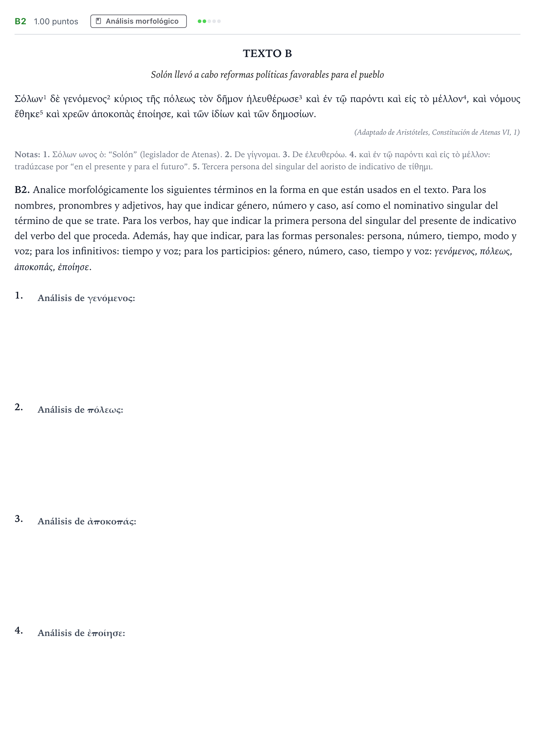 Enunciado: Ejercicio B2 · Griego II PAU Madrid Modelo 2022
