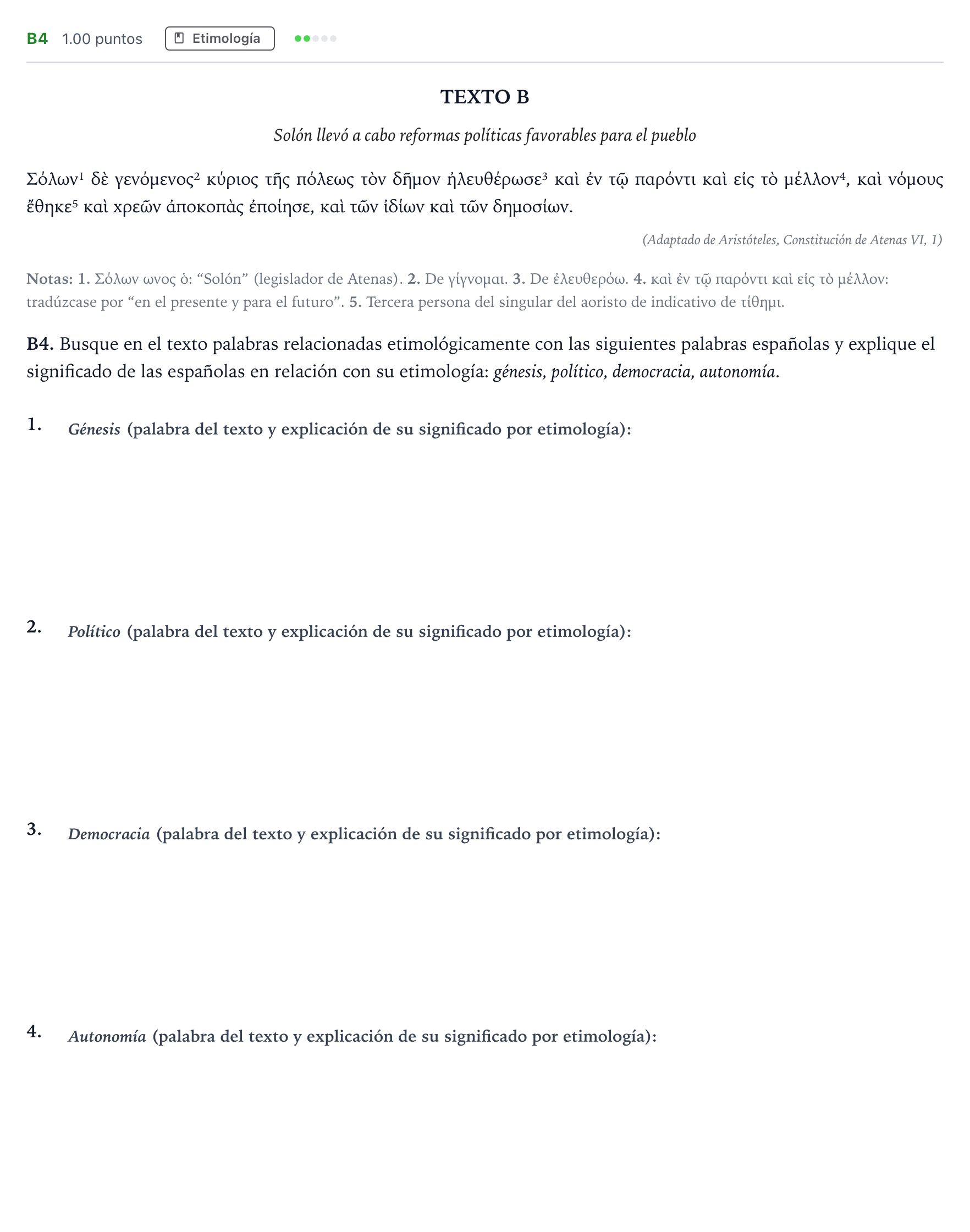 Enunciado: Ejercicio B4 · Griego II PAU Madrid Modelo 2022