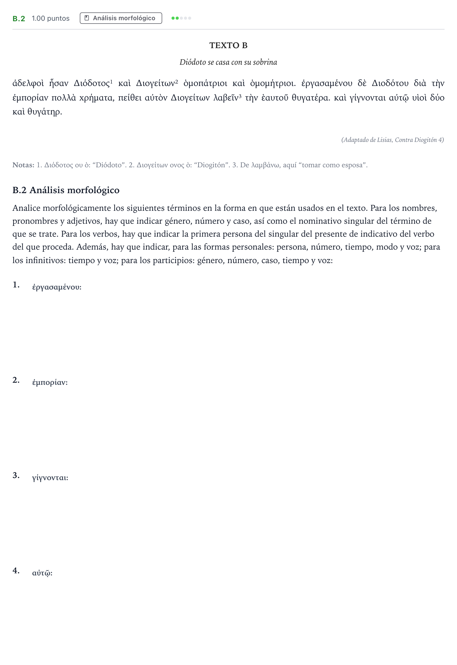 Enunciado: Ejercicio B.2 · Griego II PAU Madrid Ordinaria 2022