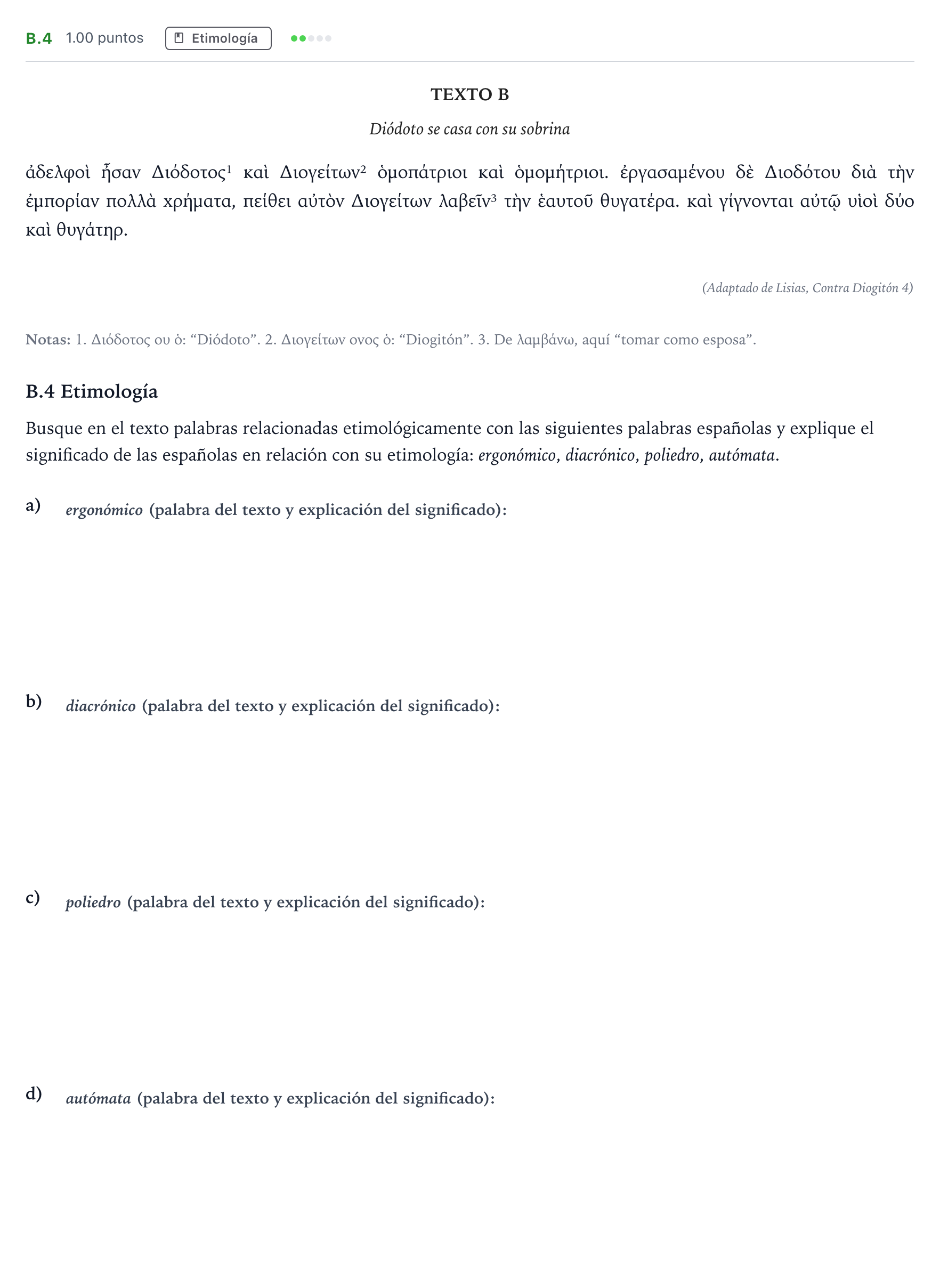 Enunciado: Ejercicio B.4 · Griego II PAU Madrid Ordinaria 2022
