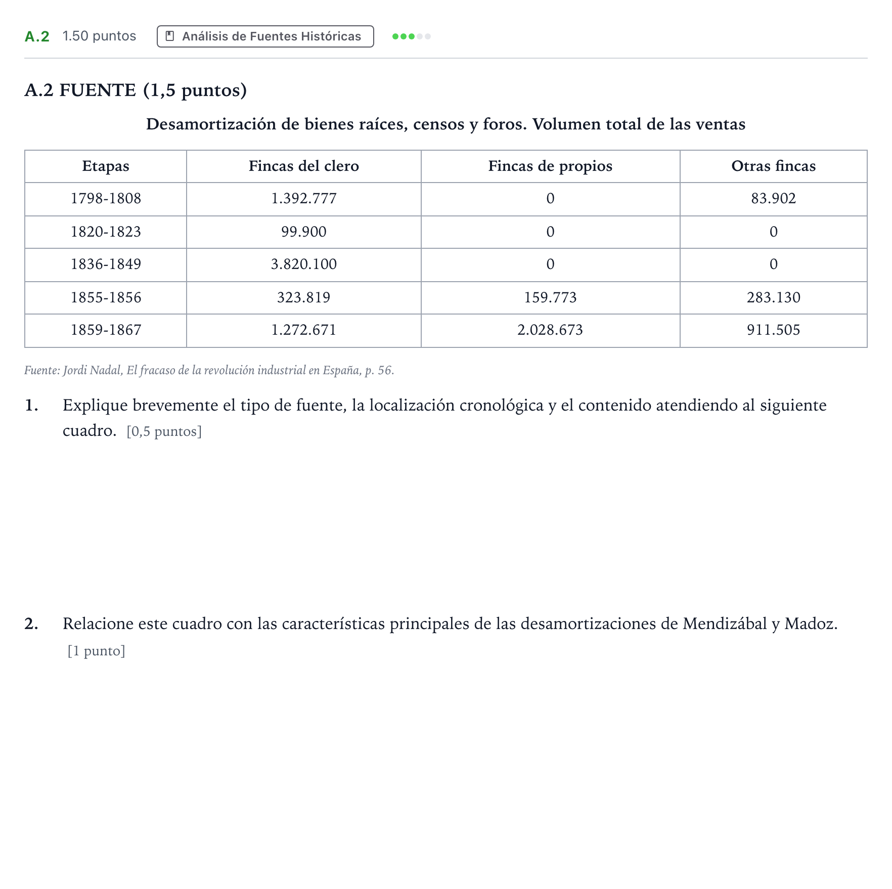 Enunciado: Ejercicio A.2 · Historia de España PAU Madrid Extraordinaria Coincidencias 2022