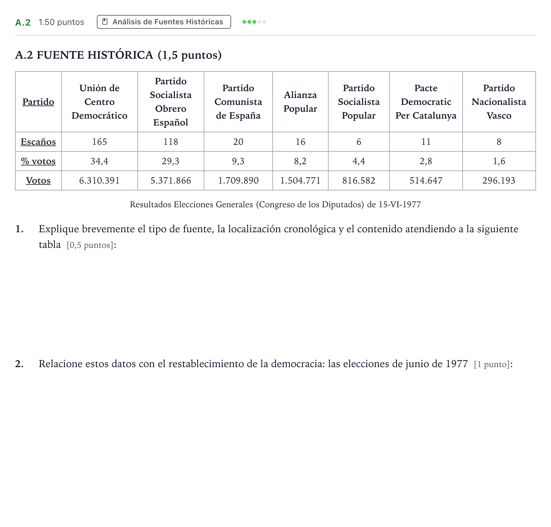Enunciado: Ejercicio A.2 · Historia de España PAU Madrid Ordinaria Lunes 2022