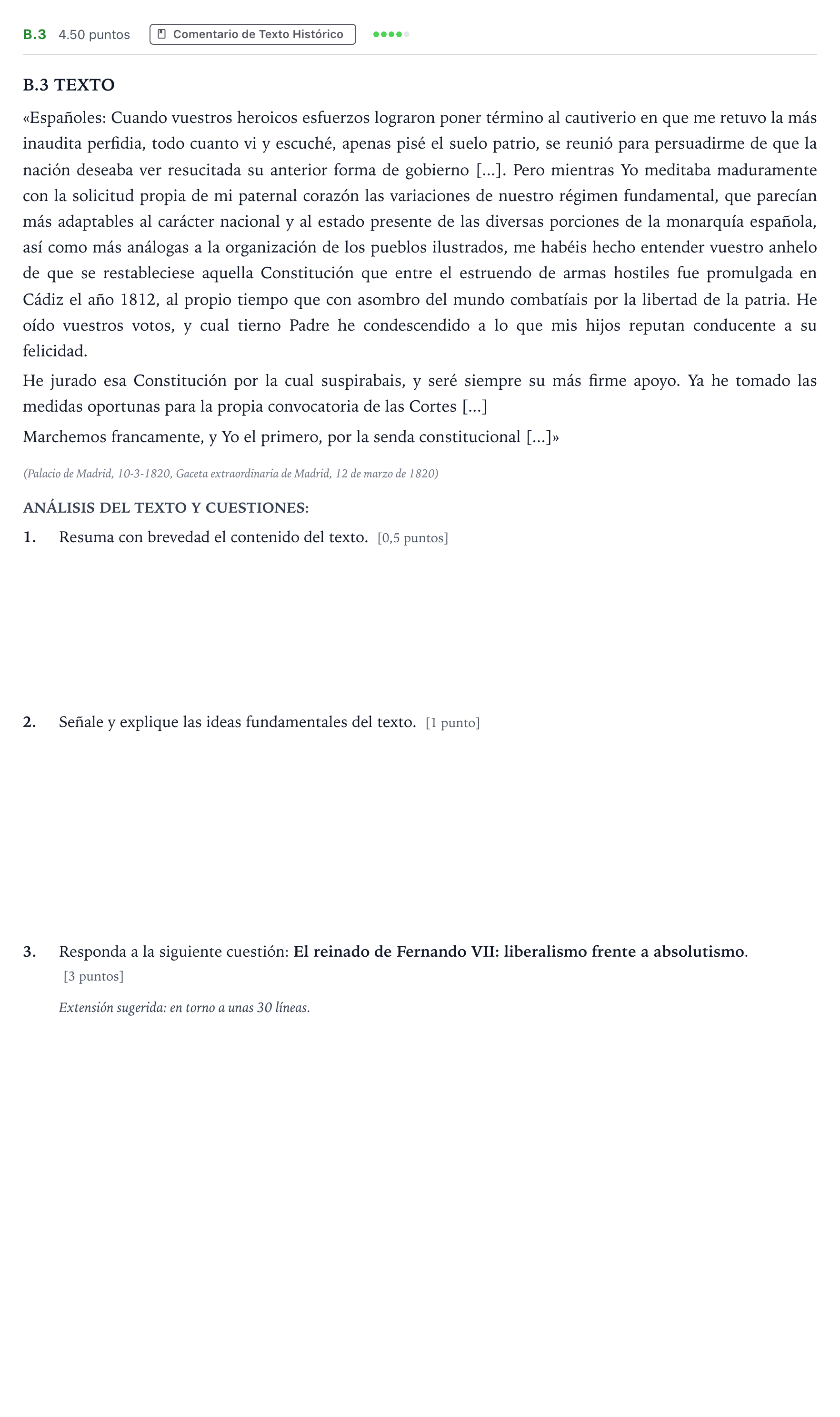 Enunciado: Ejercicio B.3 · Historia de España PAU Madrid Ordinaria Martes 2022