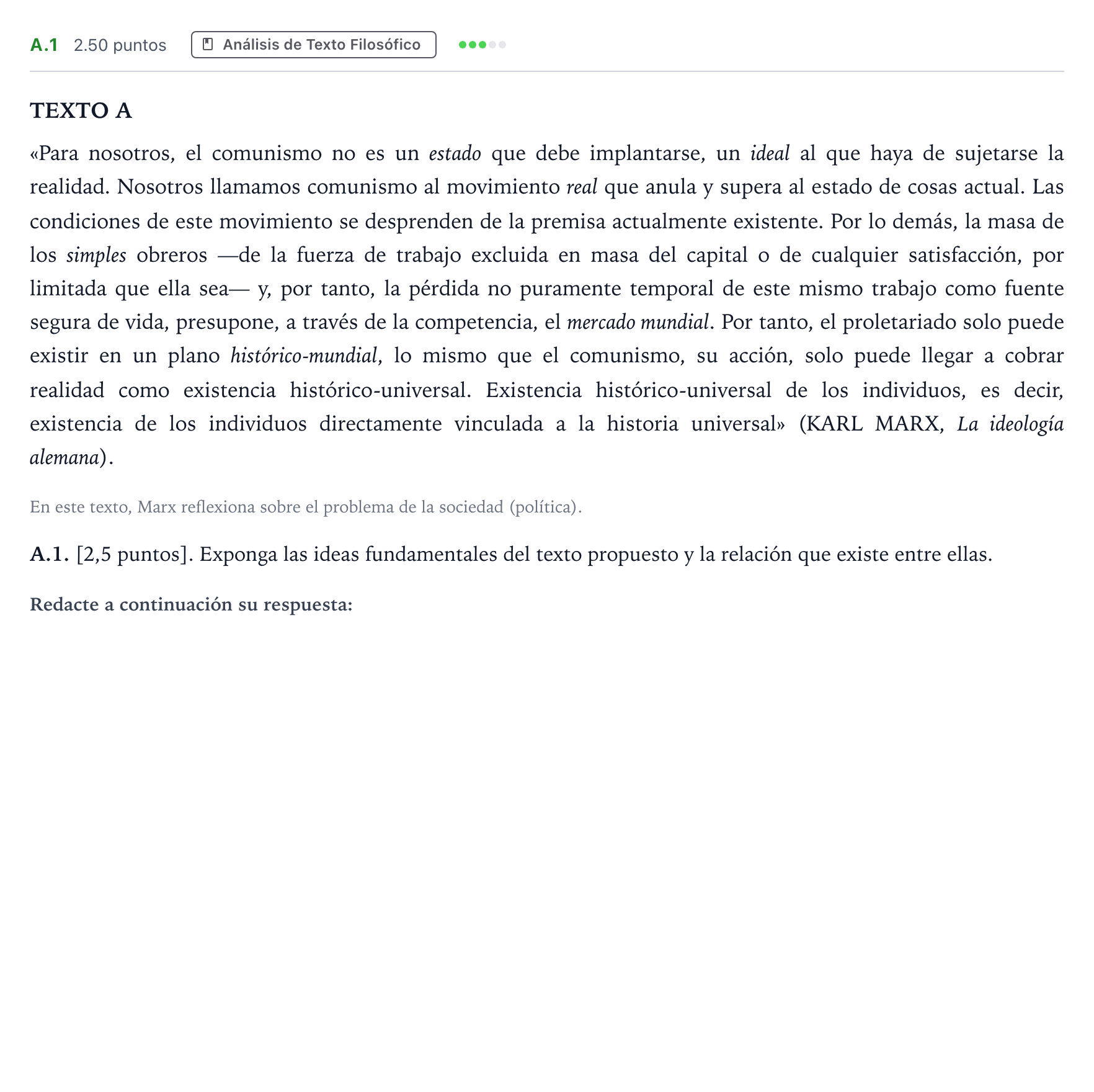 Enunciado: Ejercicio A.1 · Historia de la Filosofía PAU Madrid Ordinaria 2022