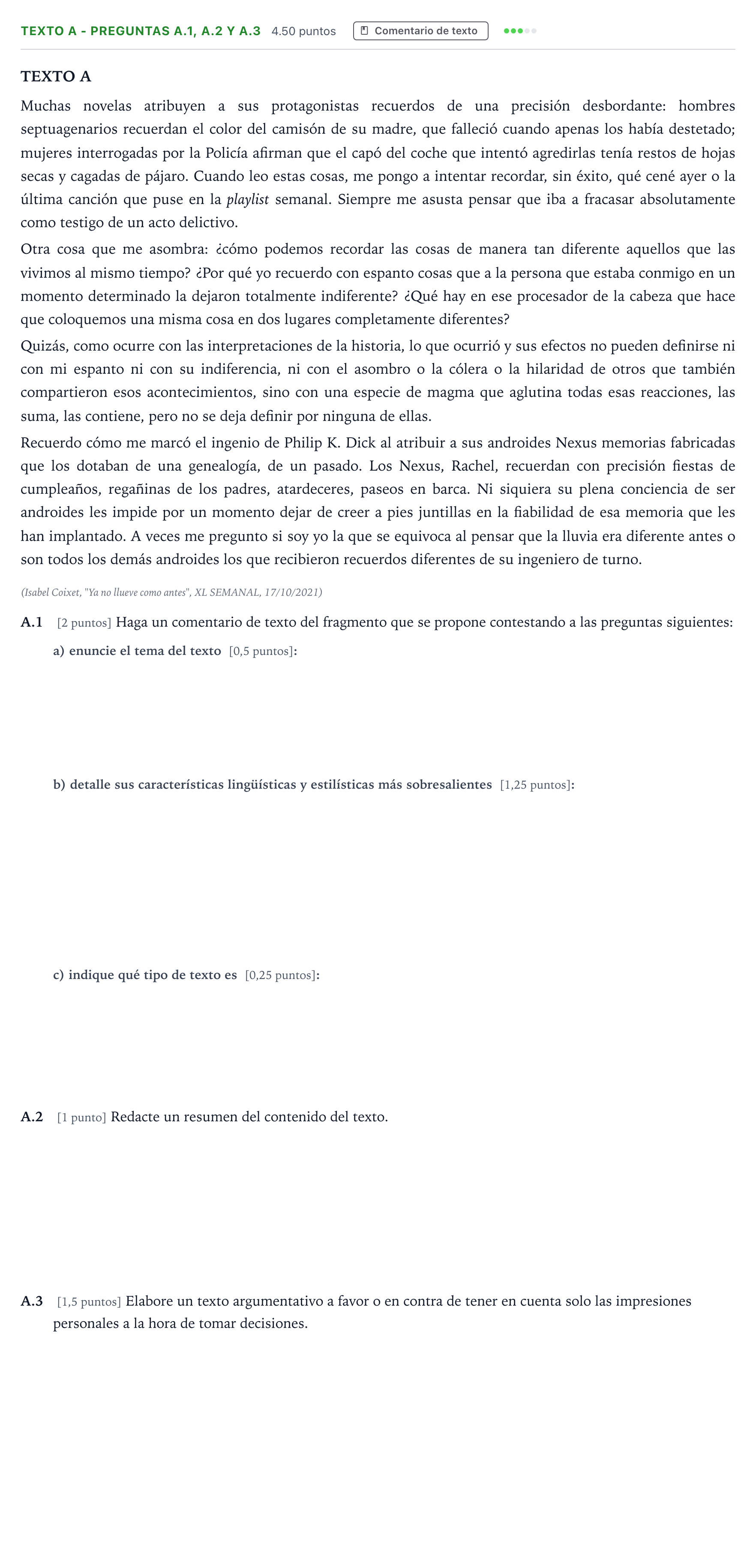 Enunciado: Ejercicio Texto A - Preguntas A.1, A.2 y A.3 · Lengua Castellana y Literatura II PAU Madrid Extraordinaria 2022