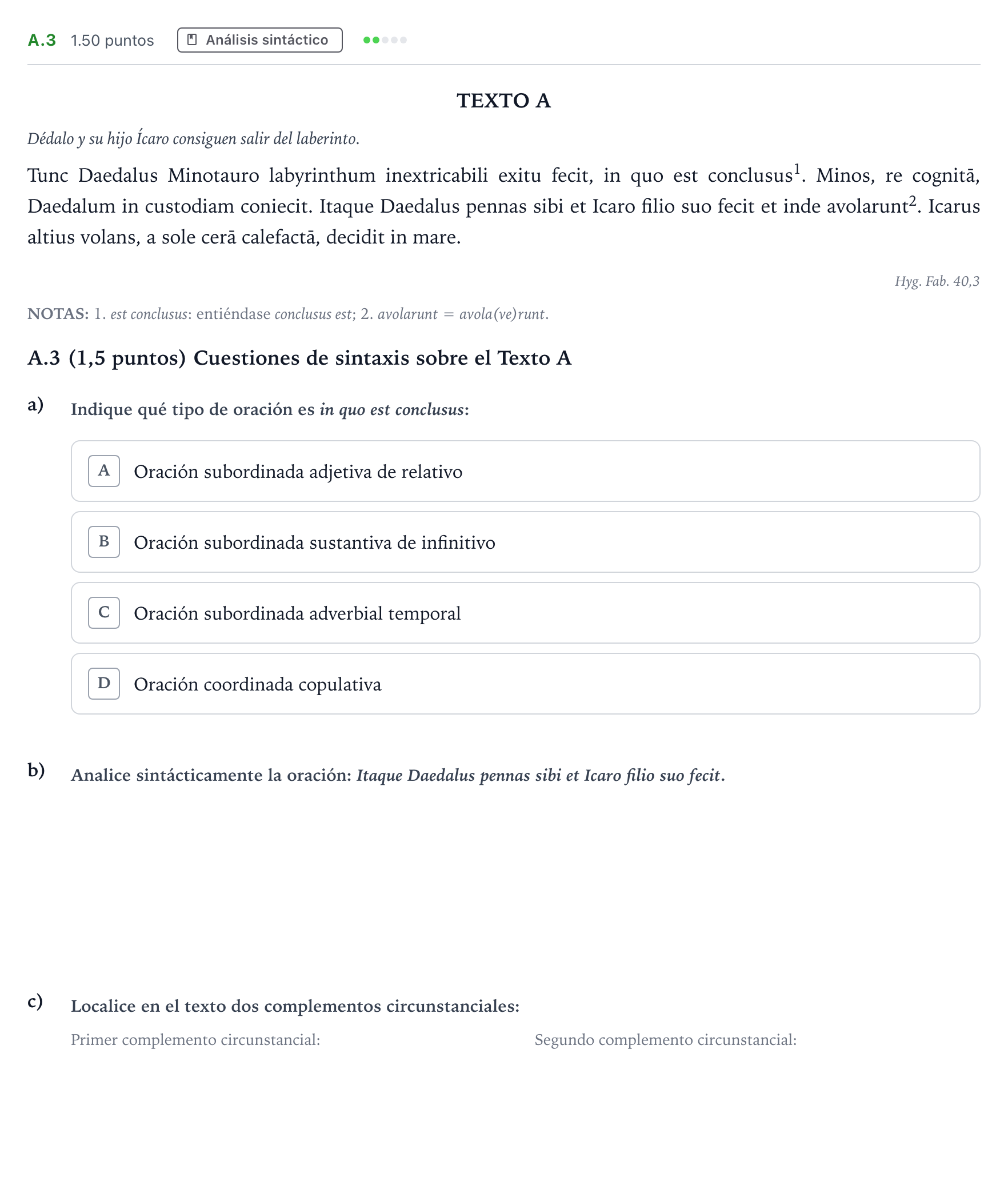 Enunciado: Ejercicio A.3 · Latín II PAU Madrid Ordinaria 2022