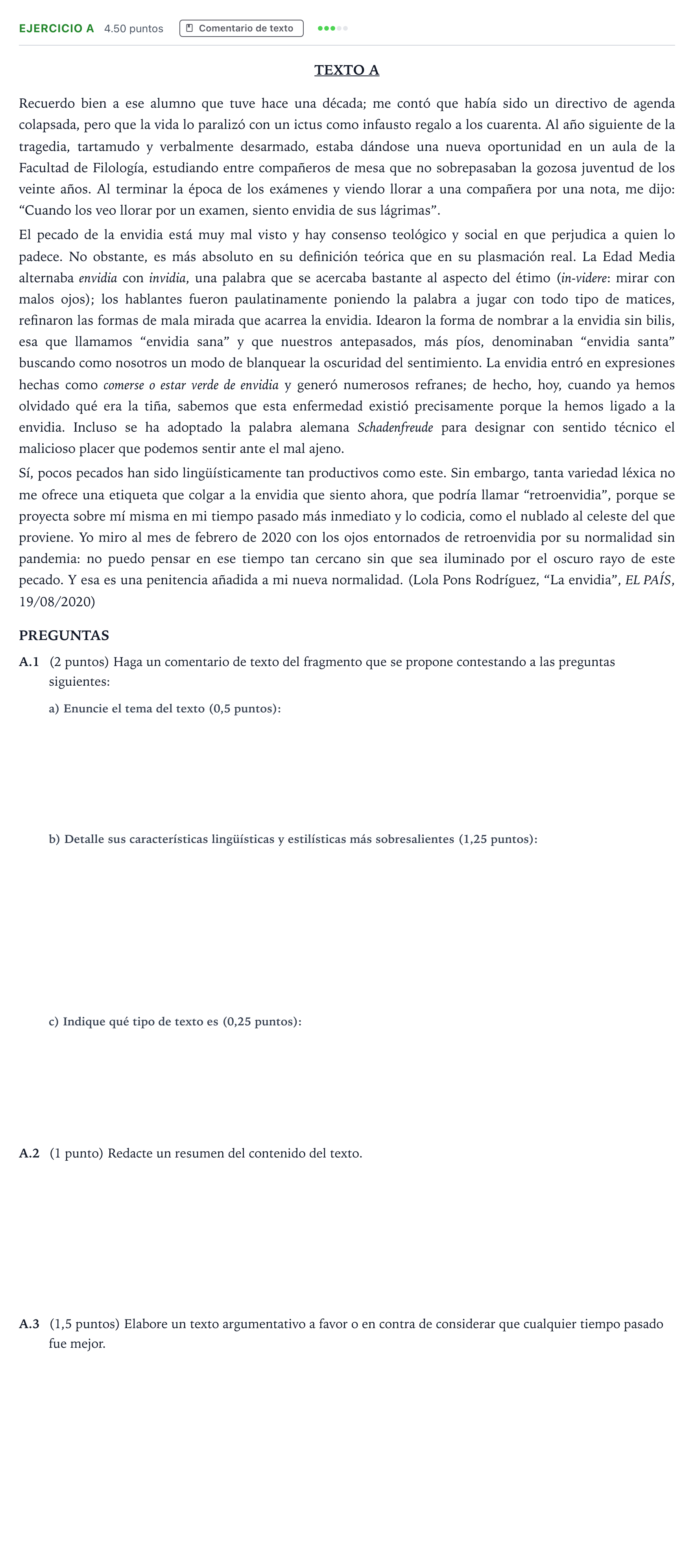 Enunciado: Ejercicio A · Lengua Castellana y Literatura II PAU Madrid Modelo 2022