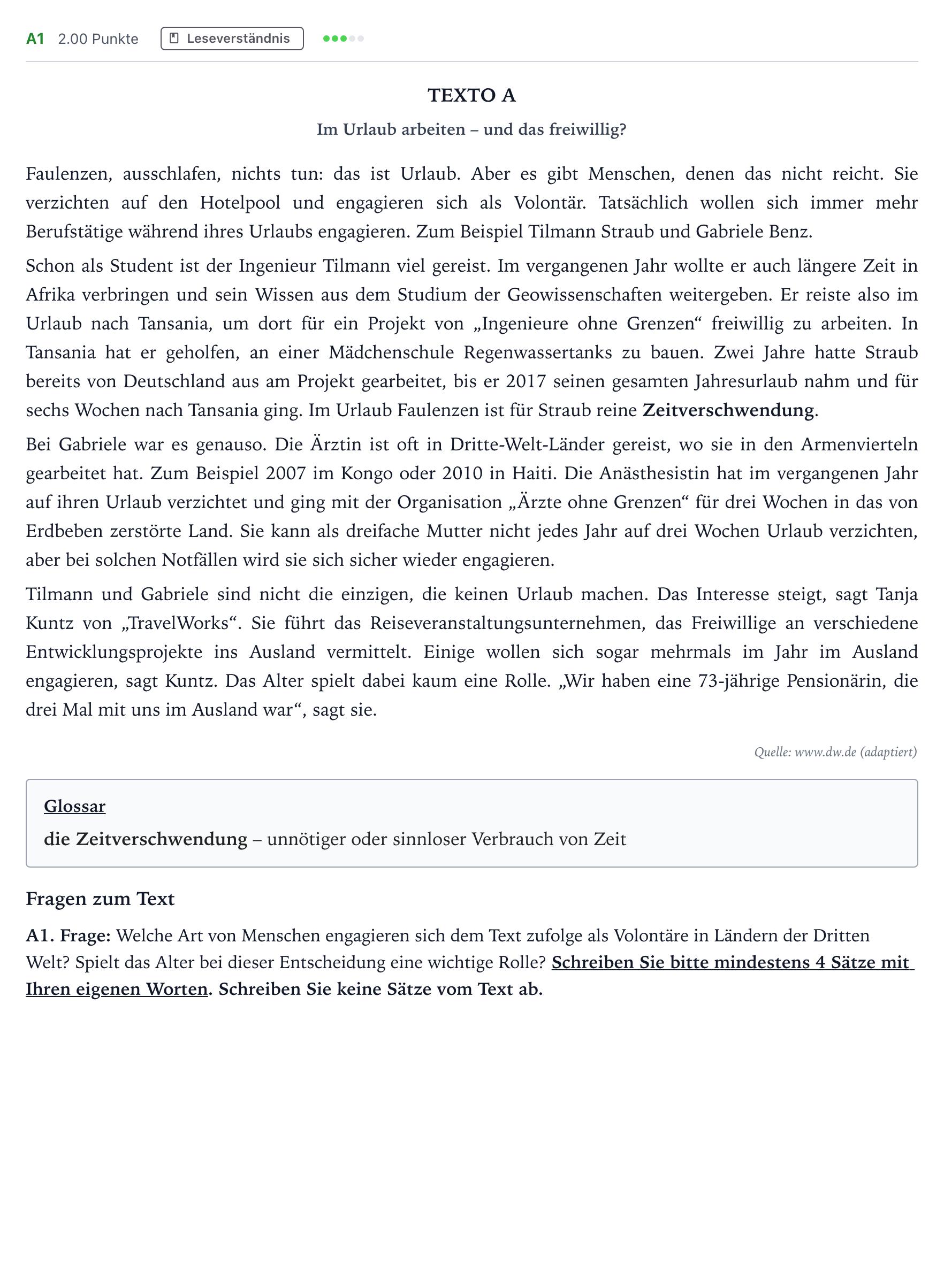 Enunciado: Ejercicio A1 · Alemán PAU Madrid Modelo 2022