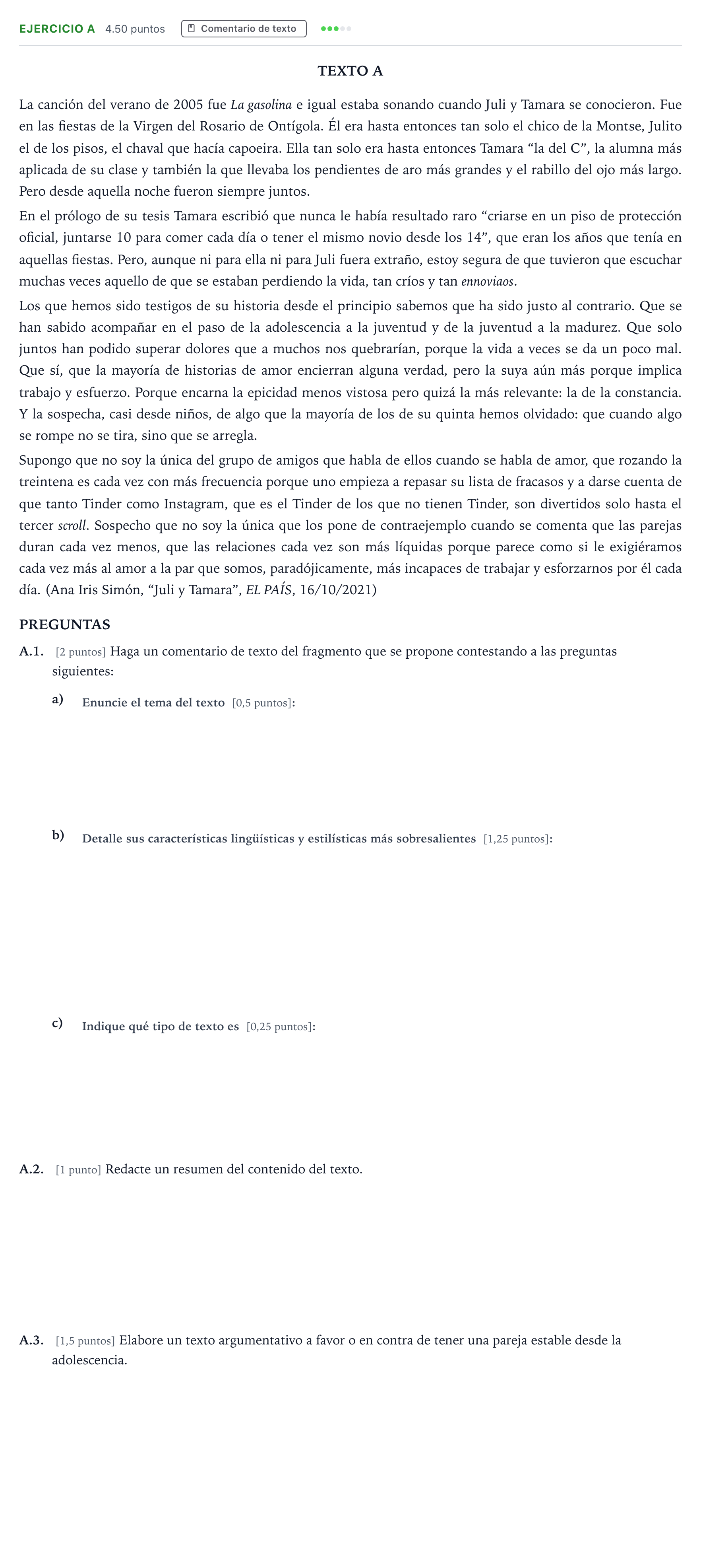 Enunciado: Ejercicio A · Lengua Castellana y Literatura II PAU Madrid Ordinaria Coincidencias 2022