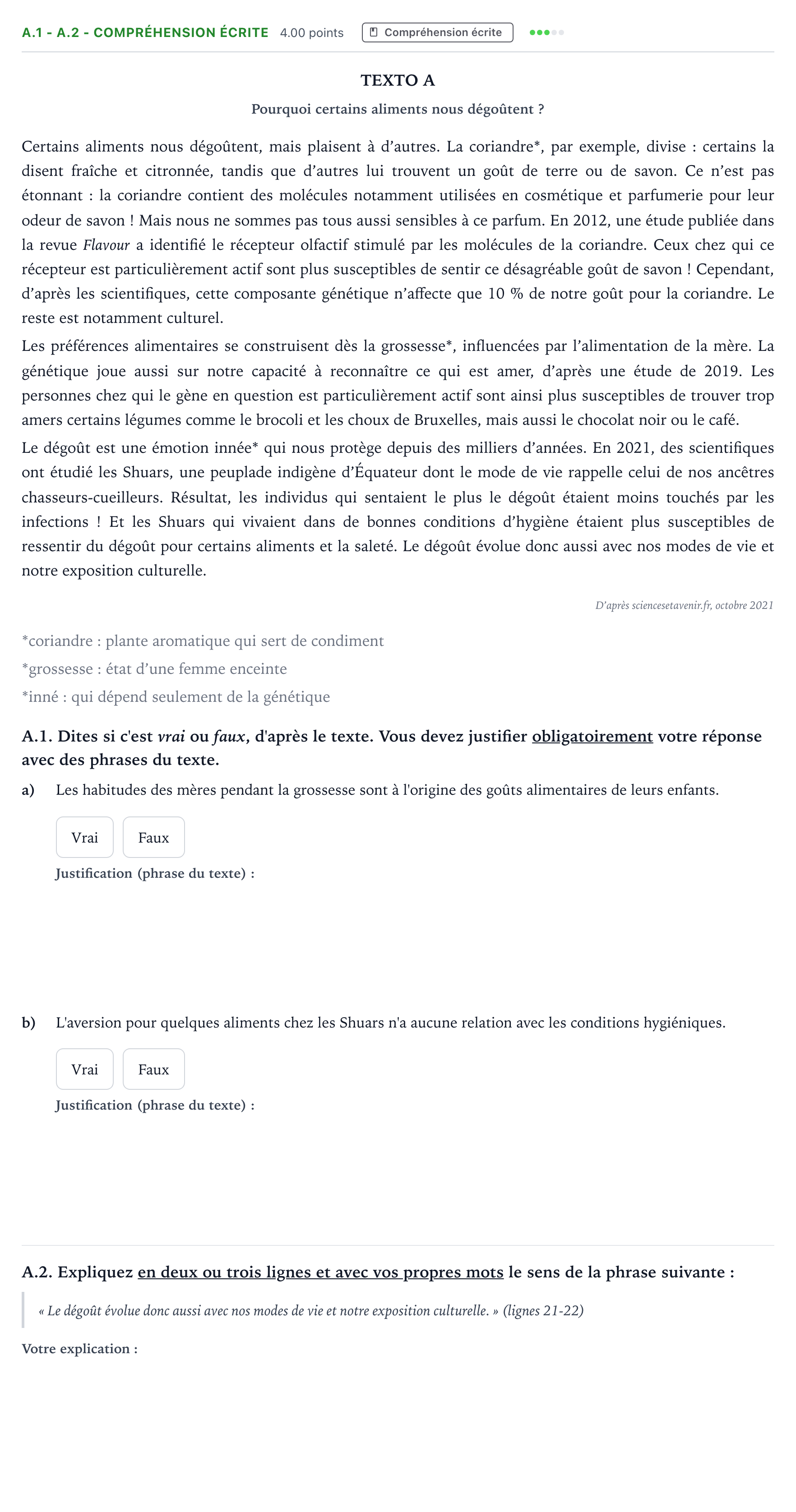 Enunciado: Ejercicio A.1 - A.2 - Compréhension écrite · Francés PAU Madrid Extraordinaria 2022