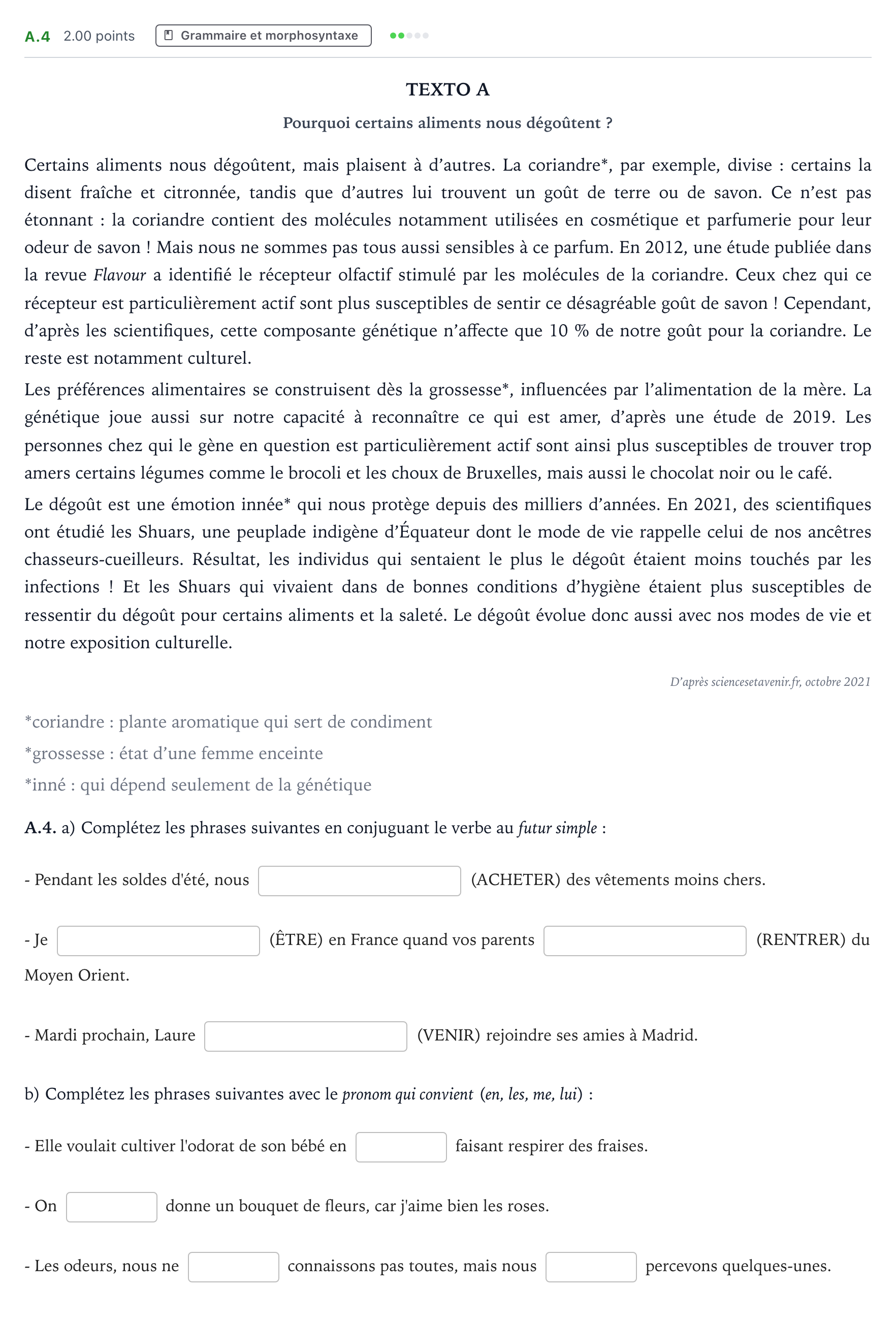 Enunciado: Ejercicio A.4 - Grammaire et morphosyntaxe · Francés PAU Madrid Extraordinaria 2022