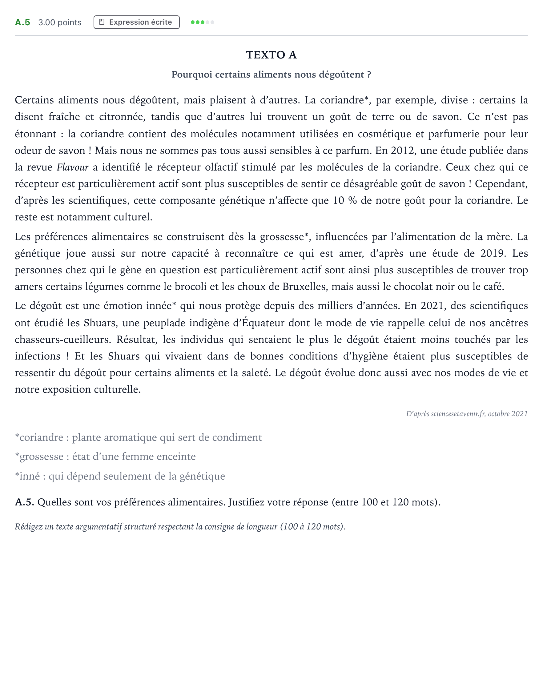 Enunciado: Ejercicio A.5 - Expression écrite · Francés PAU Madrid Extraordinaria 2022
