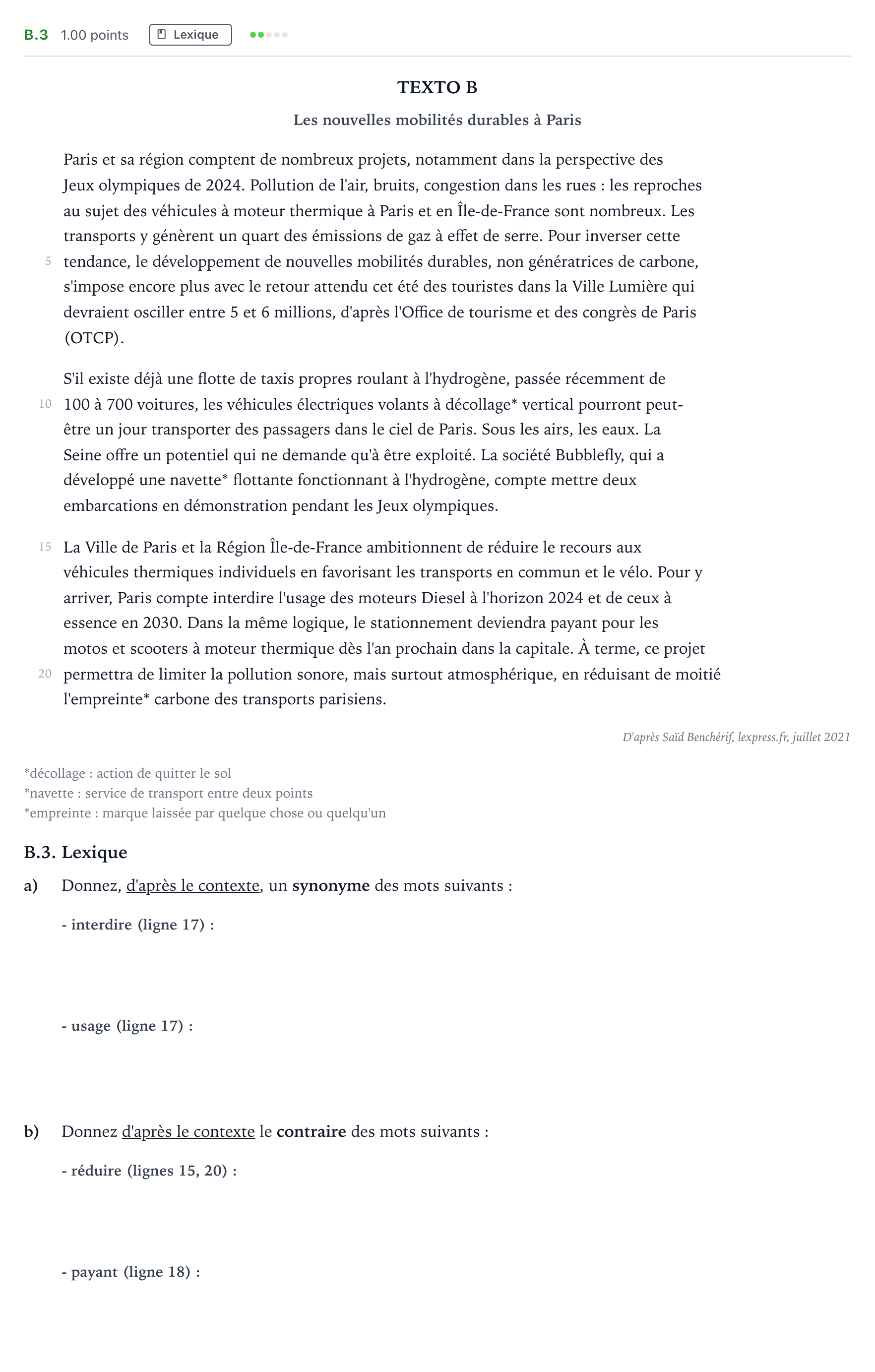 Enunciado: Ejercicio B.3 - Lexique · Francés PAU Madrid Extraordinaria 2022