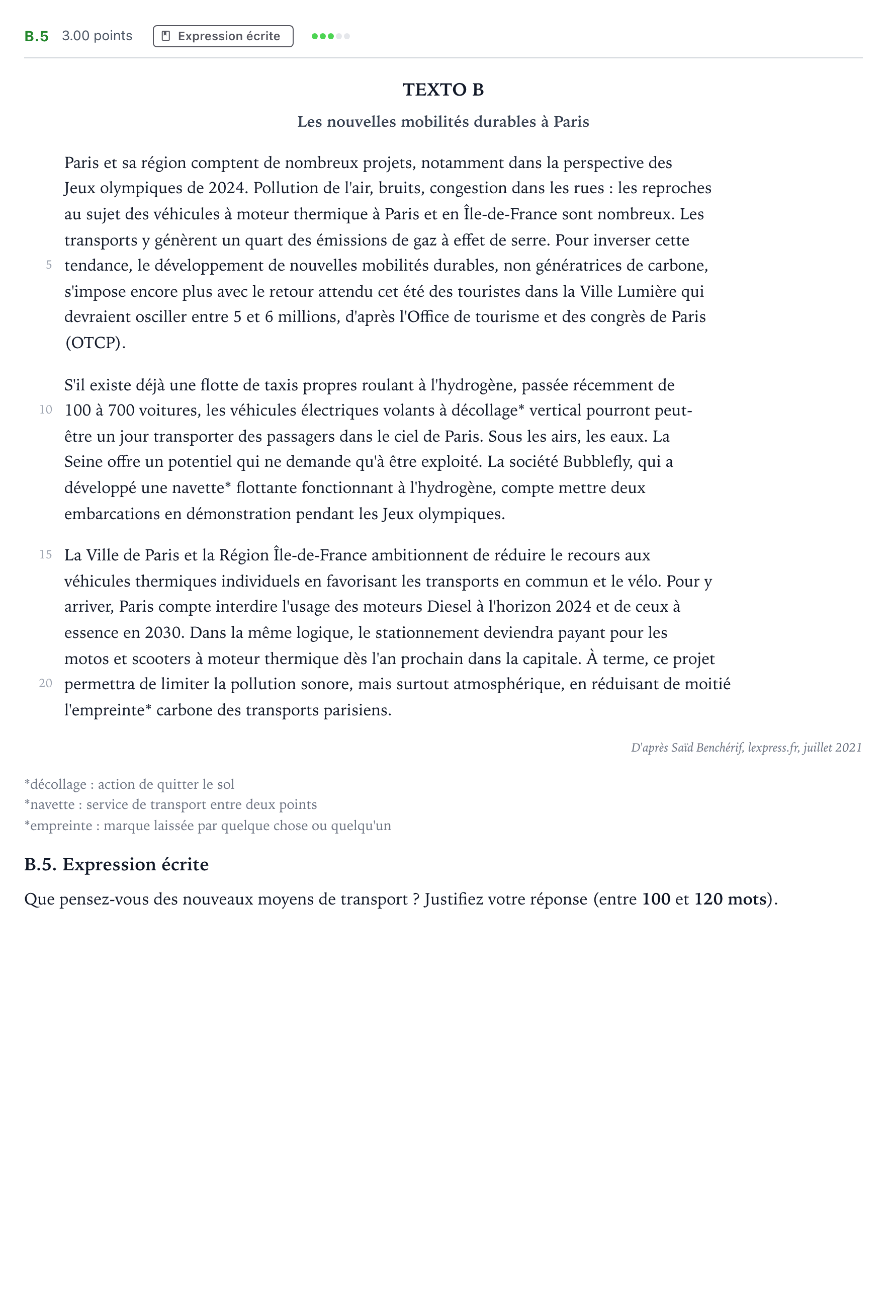 Enunciado: Ejercicio B.5 - Expression écrite · Francés PAU Madrid Extraordinaria 2022
