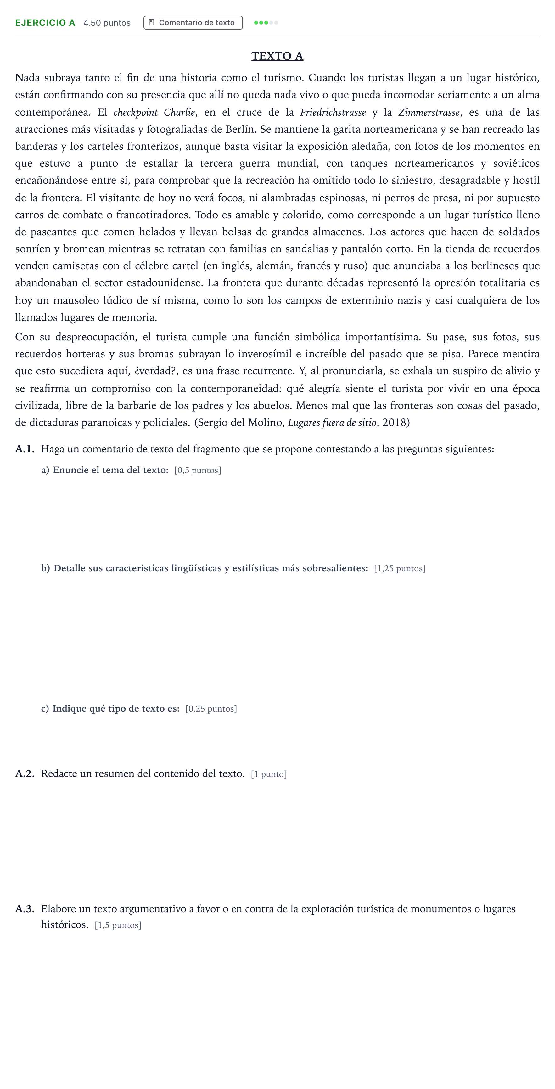 Enunciado: Ejercicio A · Lengua Castellana y Literatura II PAU Madrid Ordinaria Lunes 2022