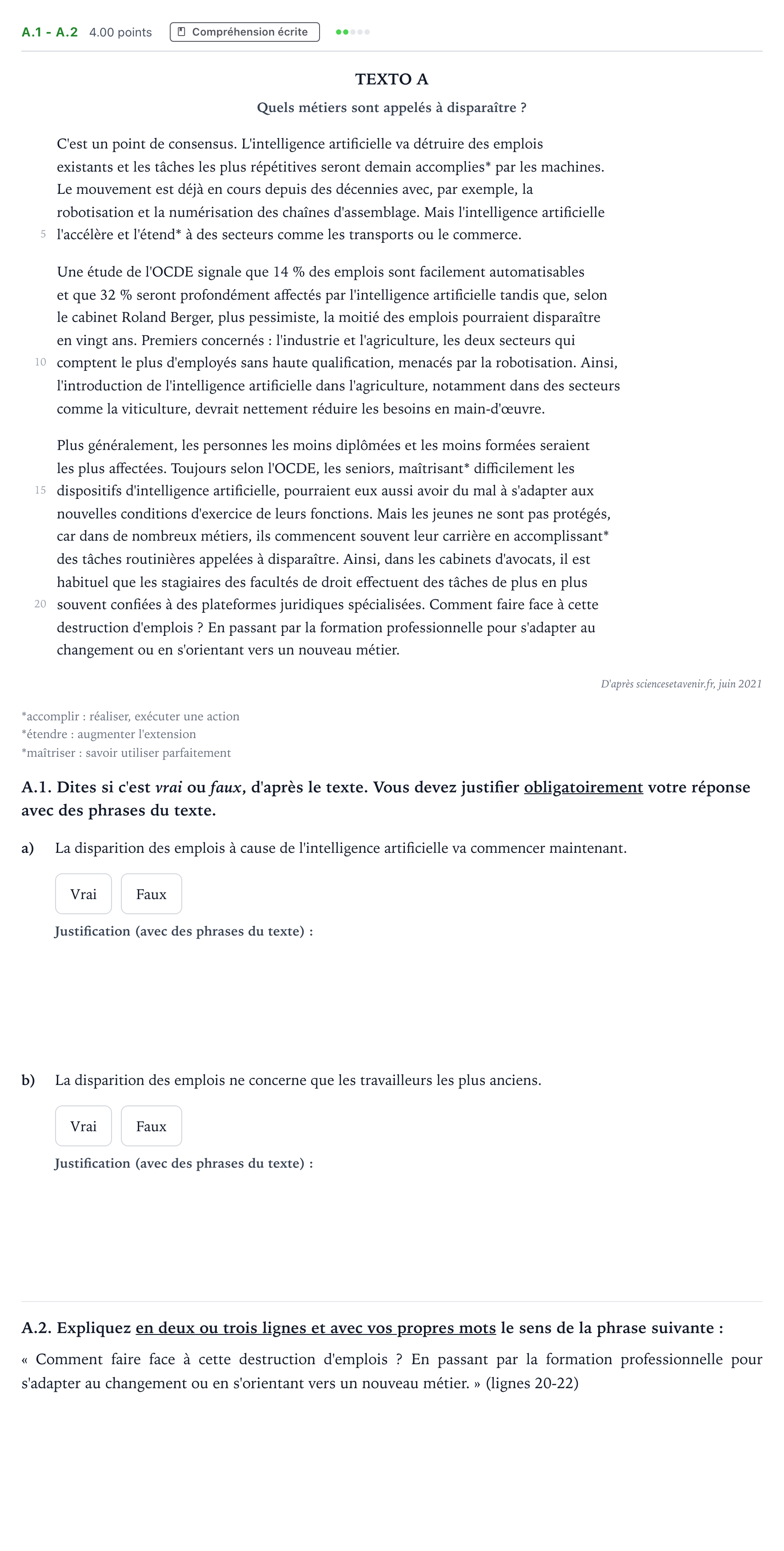 Enunciado: Ejercicio A.1 - A.2 · Francés PAU Madrid Extraordinaria Coincidencias 2022