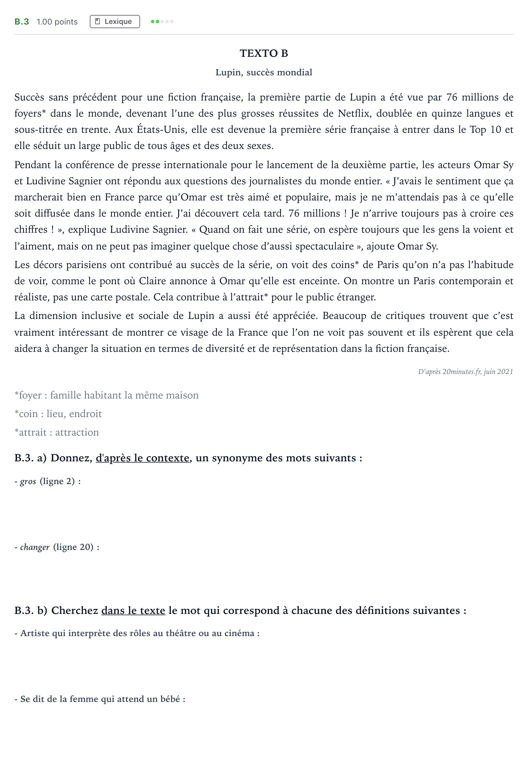Enunciado: Ejercicio B.3 · Francés PAU Madrid Extraordinaria Coincidencias 2022