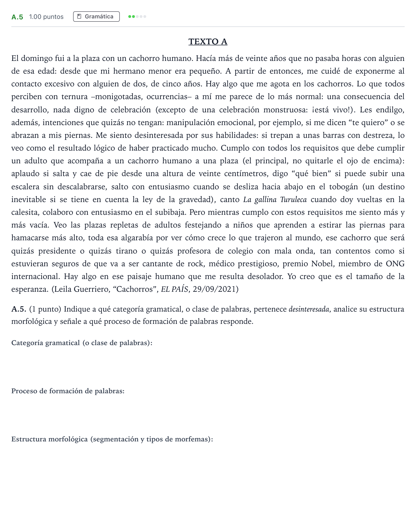 Enunciado: Ejercicio A.5 · Lengua Castellana y Literatura II PAU Madrid Ordinaria Martes 2022