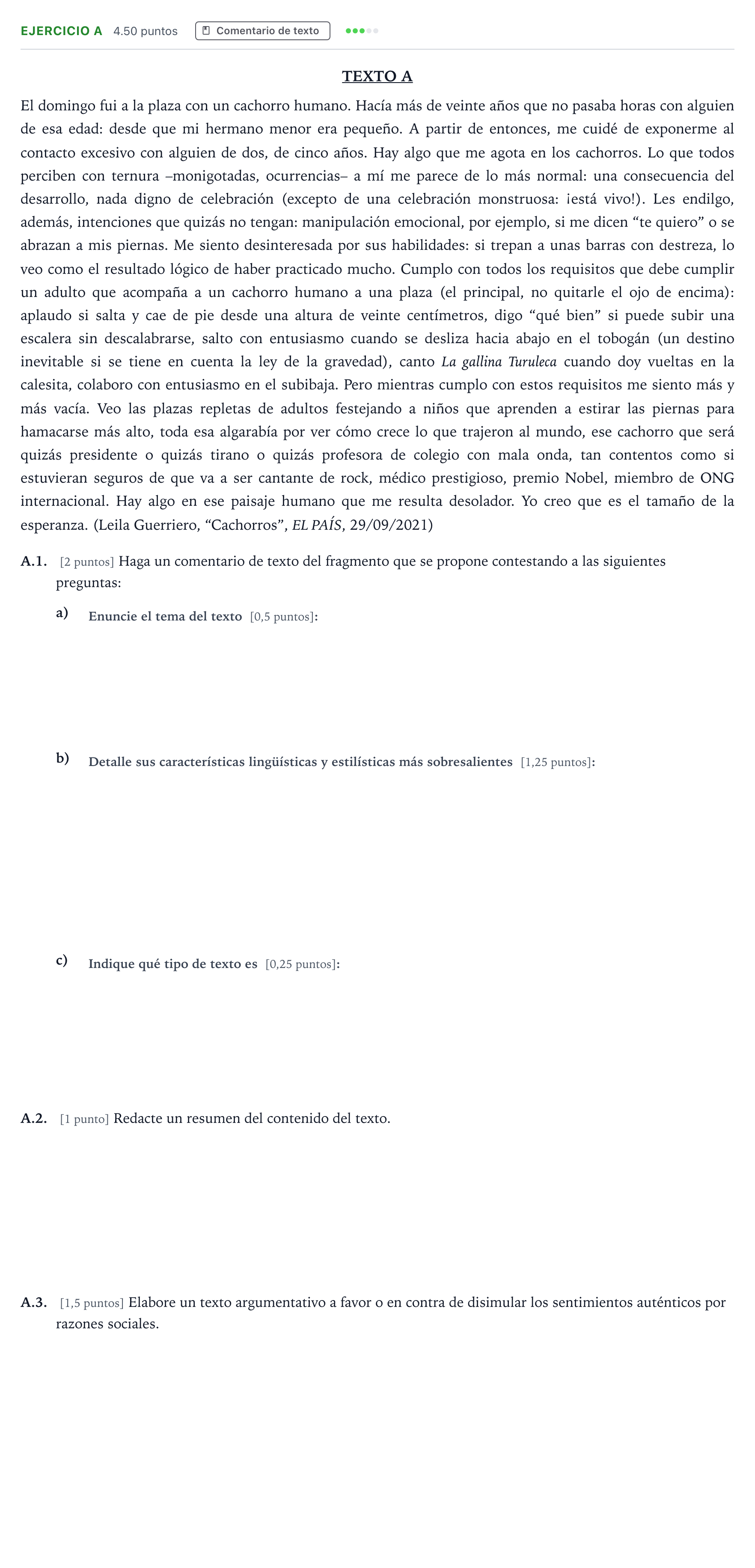Enunciado: Ejercicio A · Lengua Castellana y Literatura II PAU Madrid Ordinaria Martes 2022