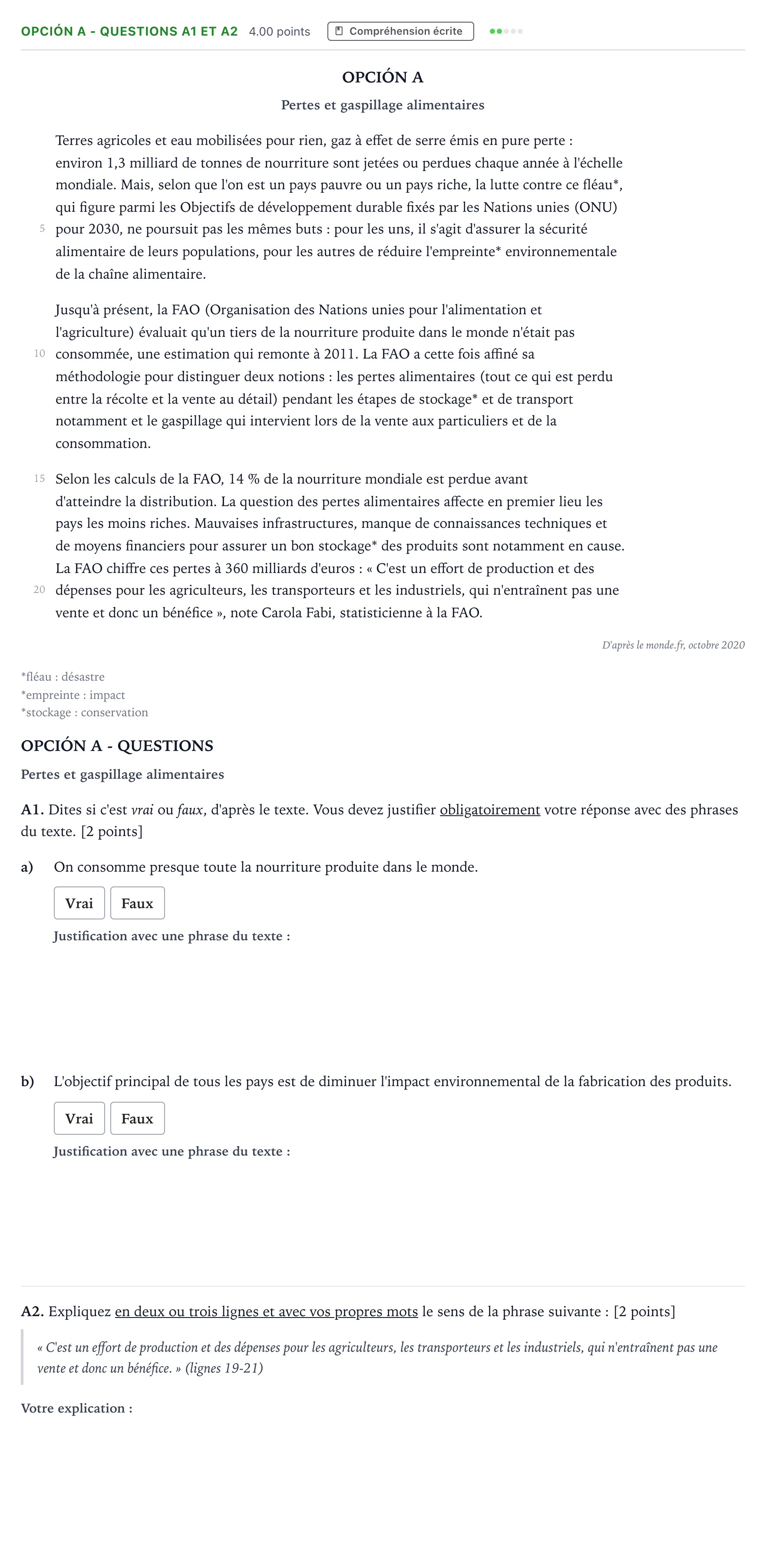 Enunciado: Opción A - Questions A1 et A2 · Francés PAU Madrid Modelo 2022