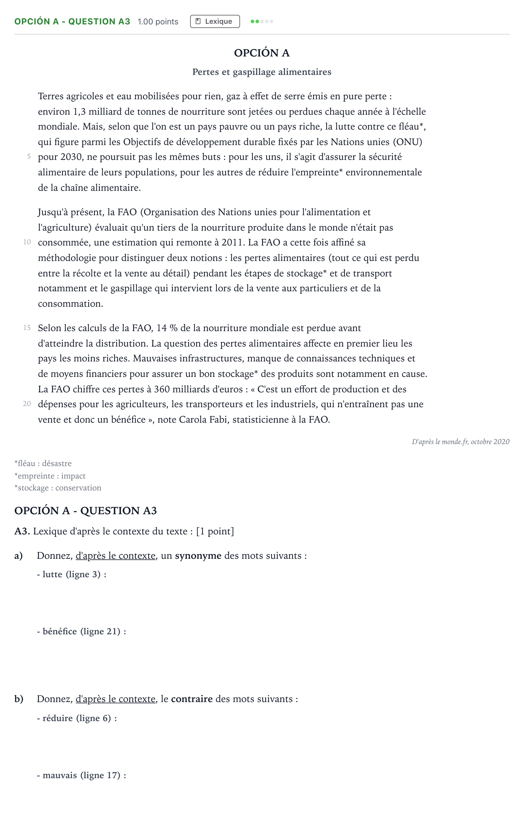 Enunciado: Opción A - Question A3 · Francés PAU Madrid Modelo 2022