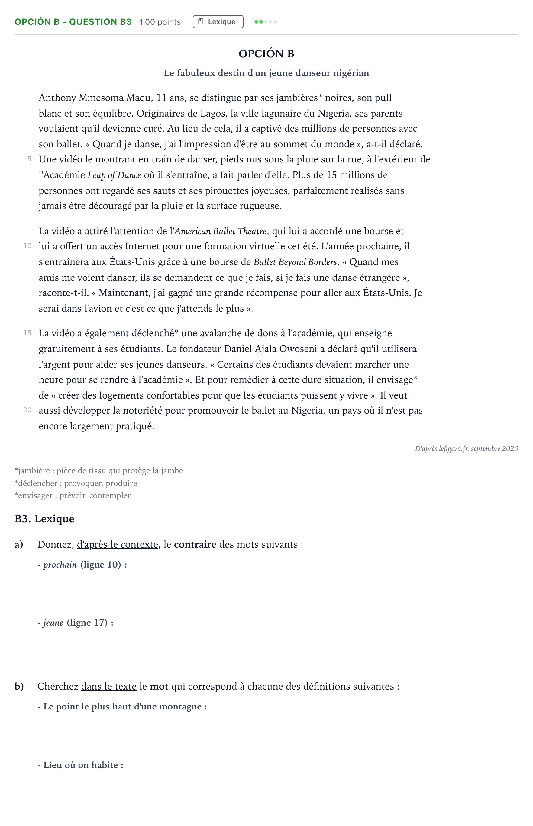 Enunciado: Opción B - Question B3 · Francés PAU Madrid Modelo 2022