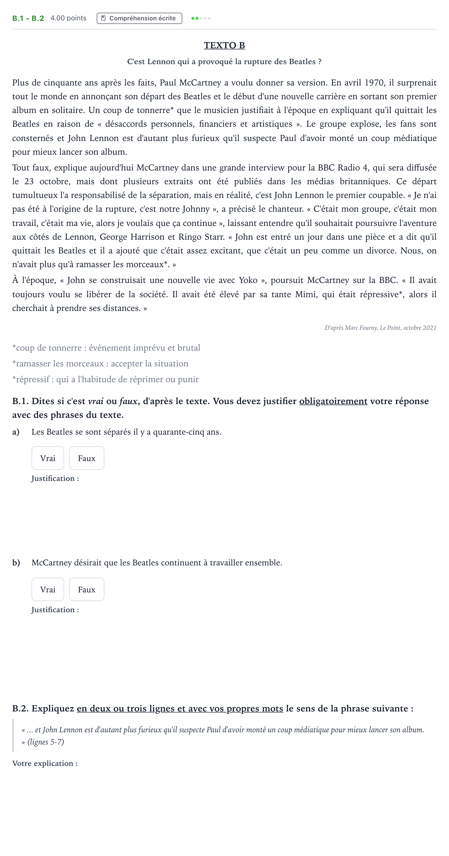 Enunciado: Ejercicio B.1 - B.2 · Francés PAU Madrid Ordinaria (2ª lengua) 2022