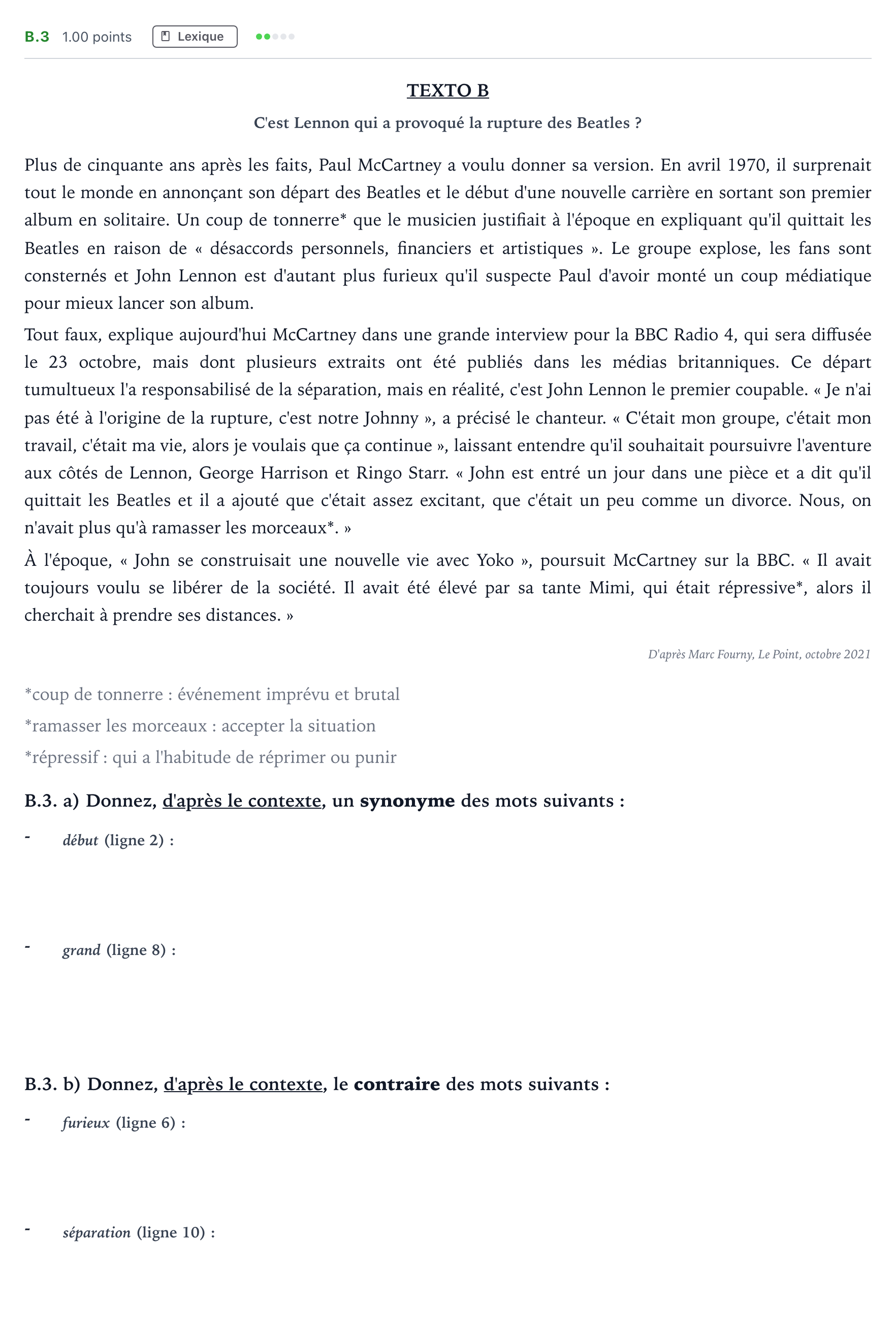 Enunciado: Ejercicio B.3 · Francés PAU Madrid Ordinaria (2ª lengua) 2022