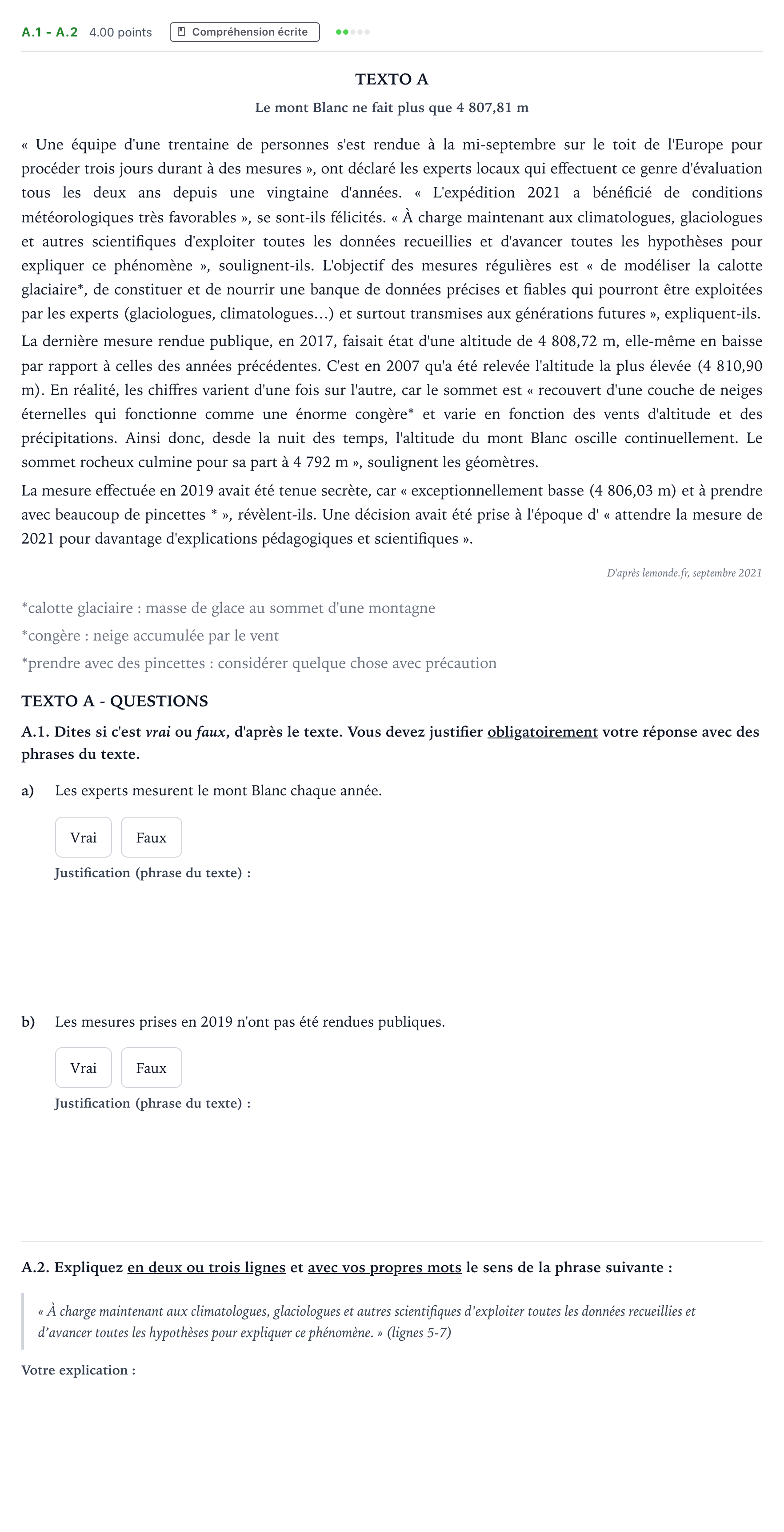 Enunciado: Ejercicio A.1 - A.2 · Francés PAU Madrid Ordinaria Coincidencias 2022