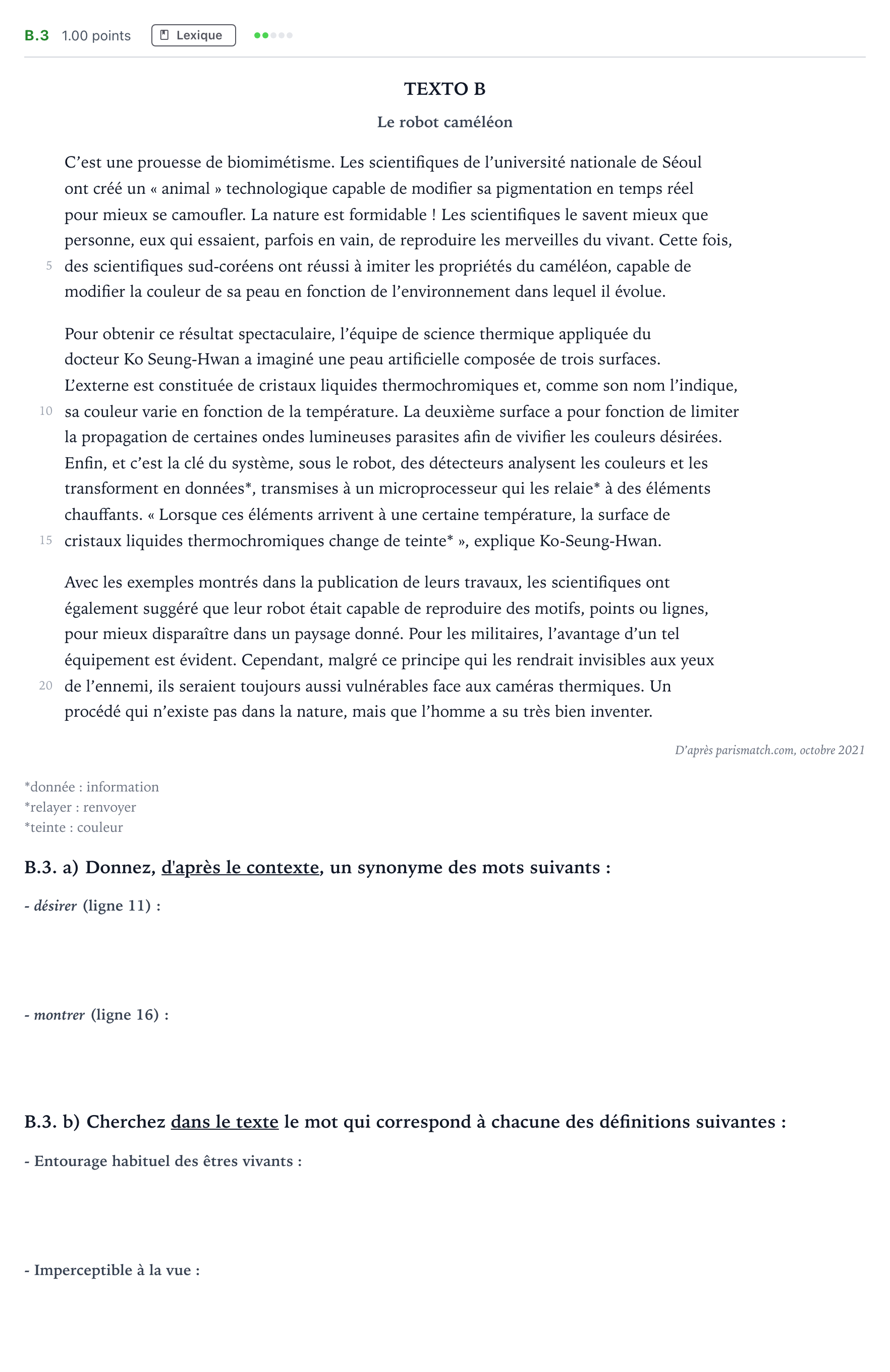 Enunciado: Ejercicio B.3 · Francés PAU Madrid Ordinaria Coincidencias 2022