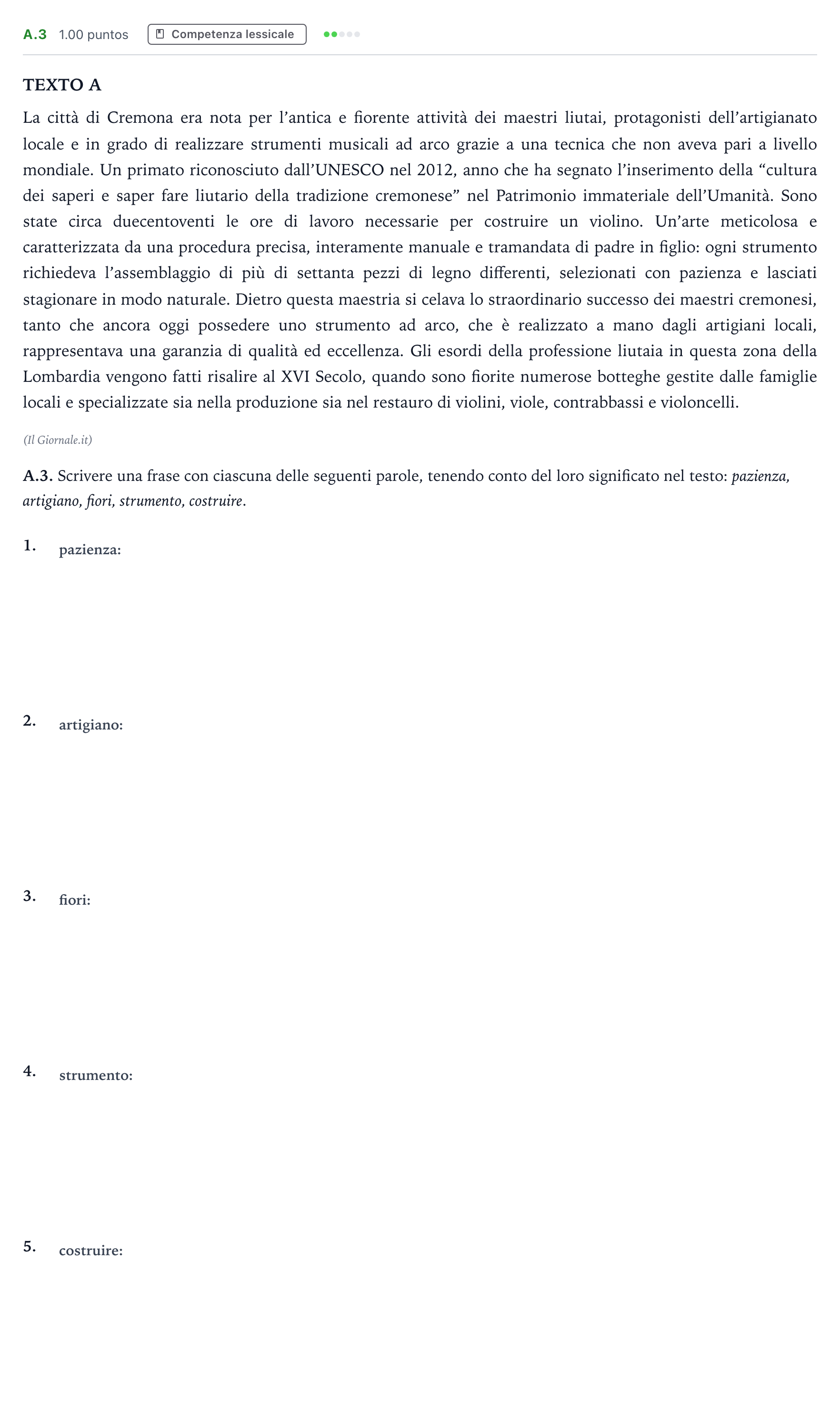 Enunciado: Ejercicio A.3 · Italiano PAU Madrid Extraordinaria 2022