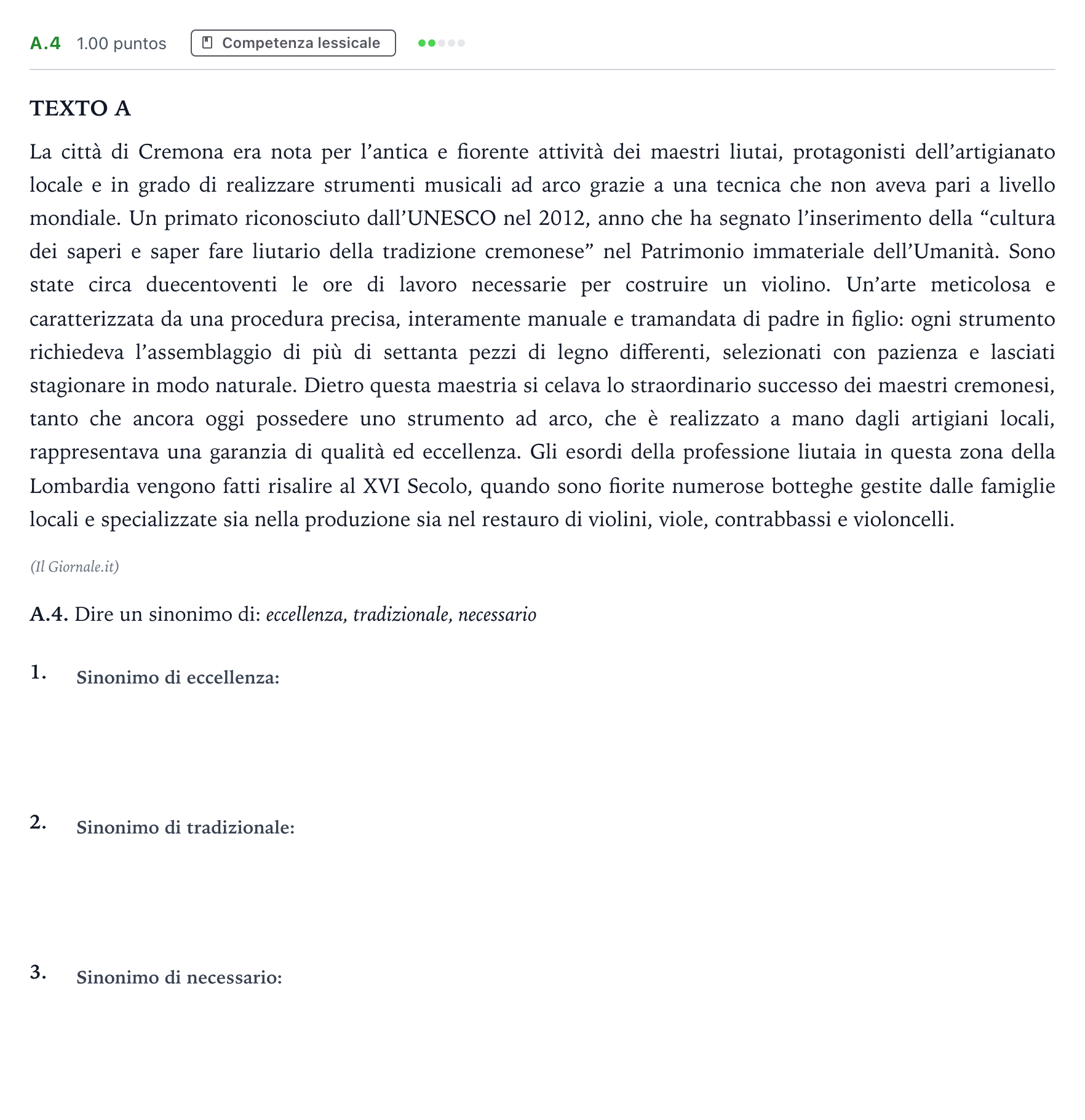 Enunciado: Ejercicio A.4 · Italiano PAU Madrid Extraordinaria 2022