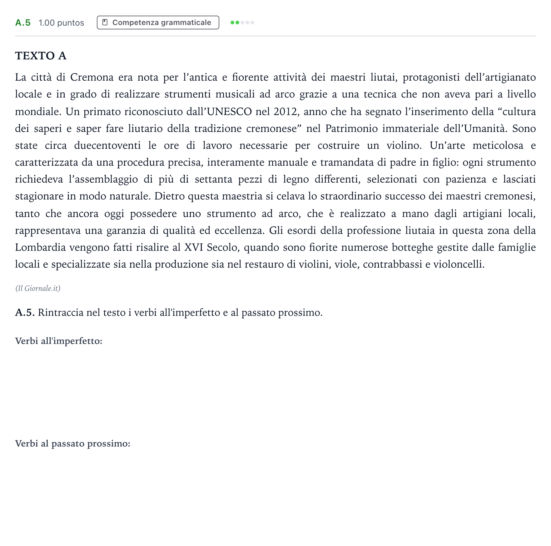 Enunciado: Ejercicio A.5 · Italiano PAU Madrid Extraordinaria 2022