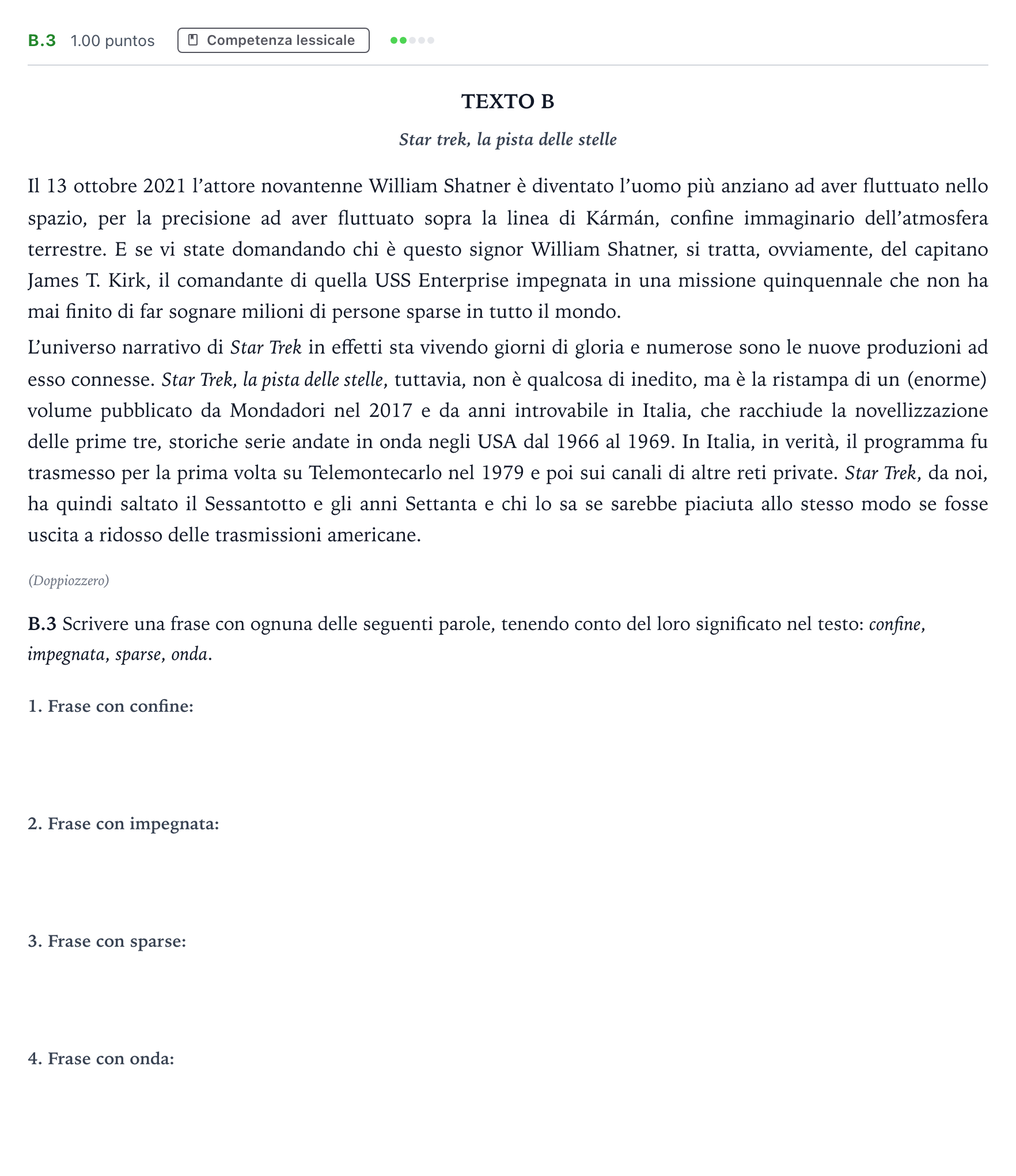 Enunciado: Ejercicio B.3 · Italiano PAU Madrid Extraordinaria Coincidencias 2022