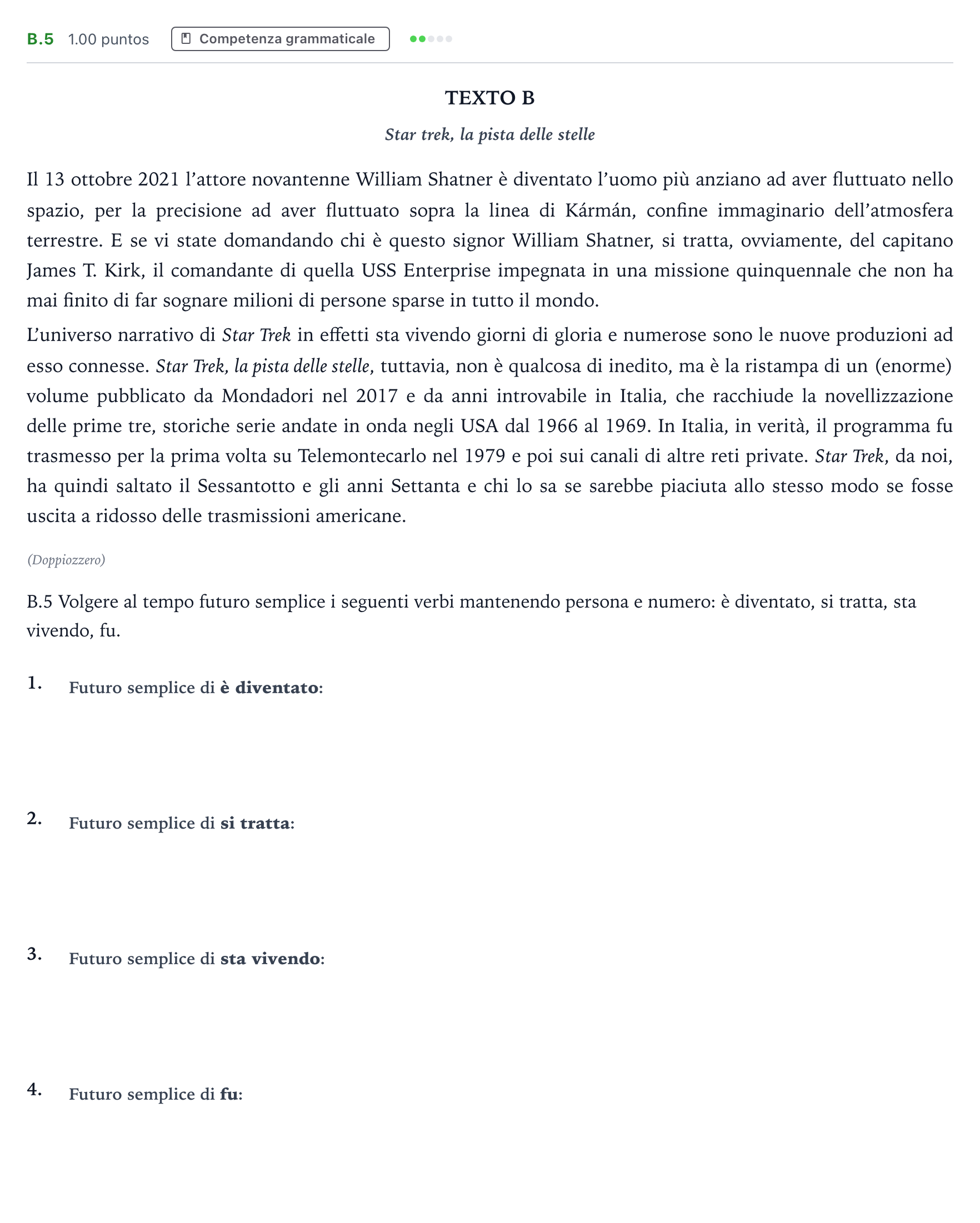 Enunciado: Ejercicio B.5 · Italiano PAU Madrid Extraordinaria Coincidencias 2022