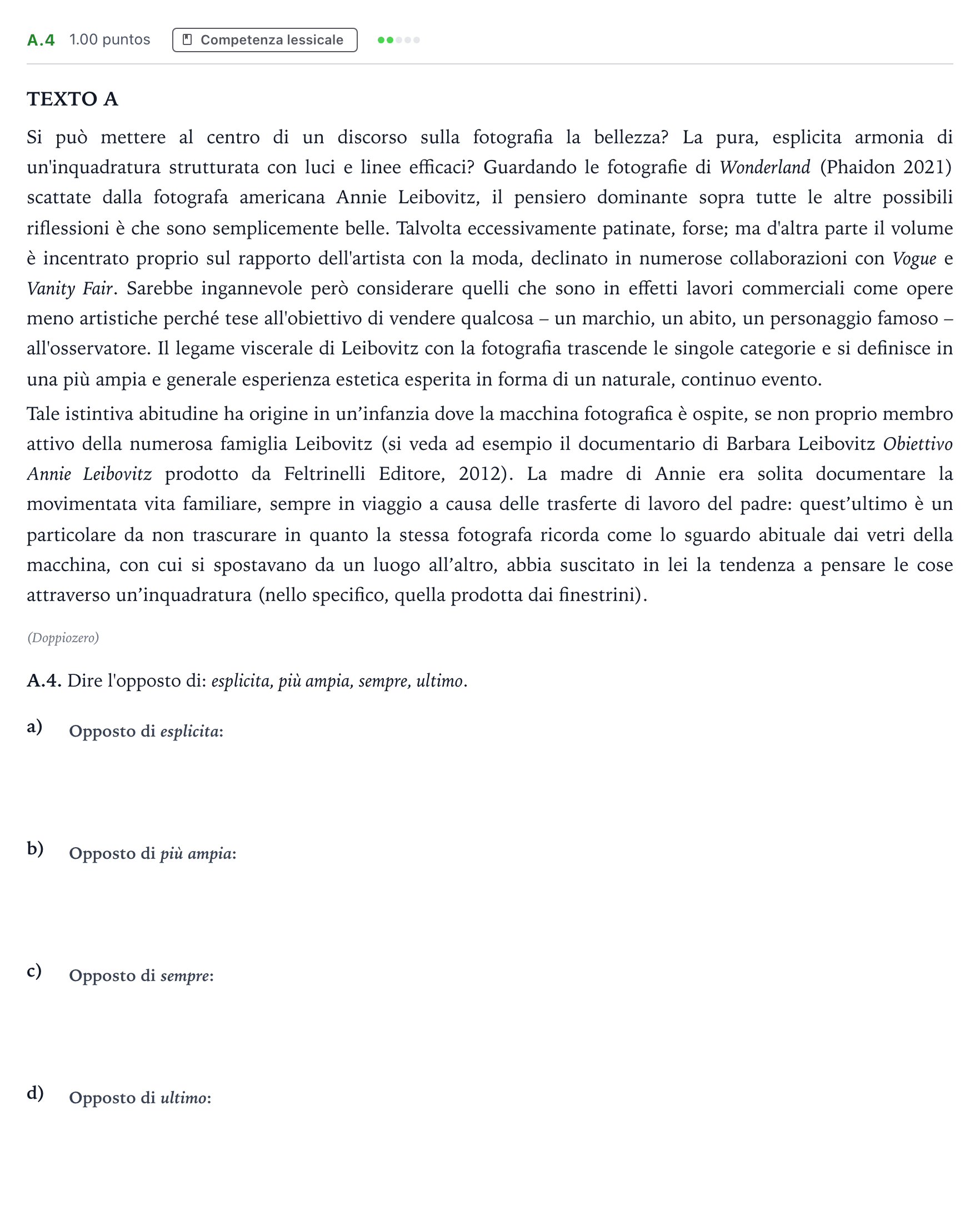 Enunciado: Ejercicio A.4 · Italiano PAU Madrid Ordinaria (2ª lengua) 2022