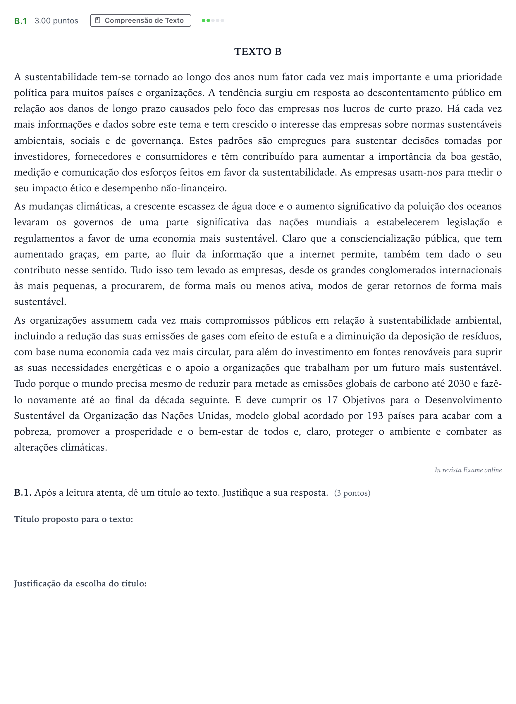 Enunciado: Ejercicio B.1 · Portugués PAU Madrid Extraordinaria 2022