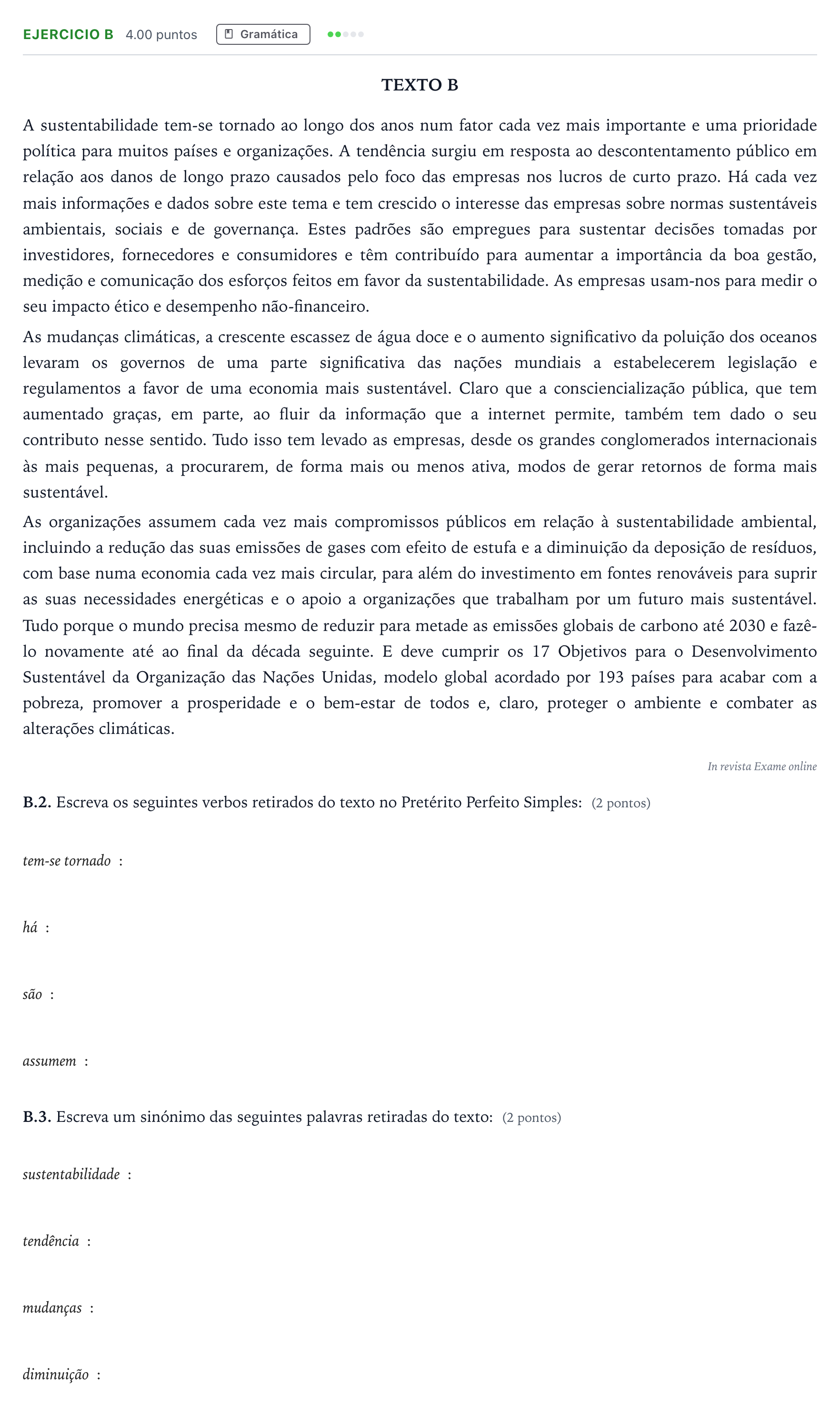 Enunciado: Ejercicio B · Portugués PAU Madrid Extraordinaria 2022