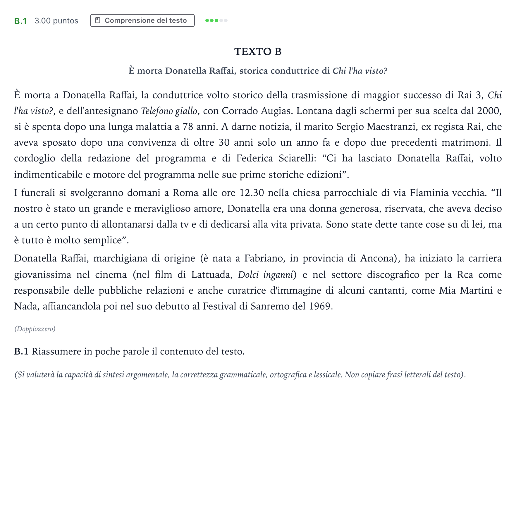 Enunciado: Ejercicio B.1 · Italiano PAU Madrid Ordinaria (2ª lengua) Coincidencias 2022