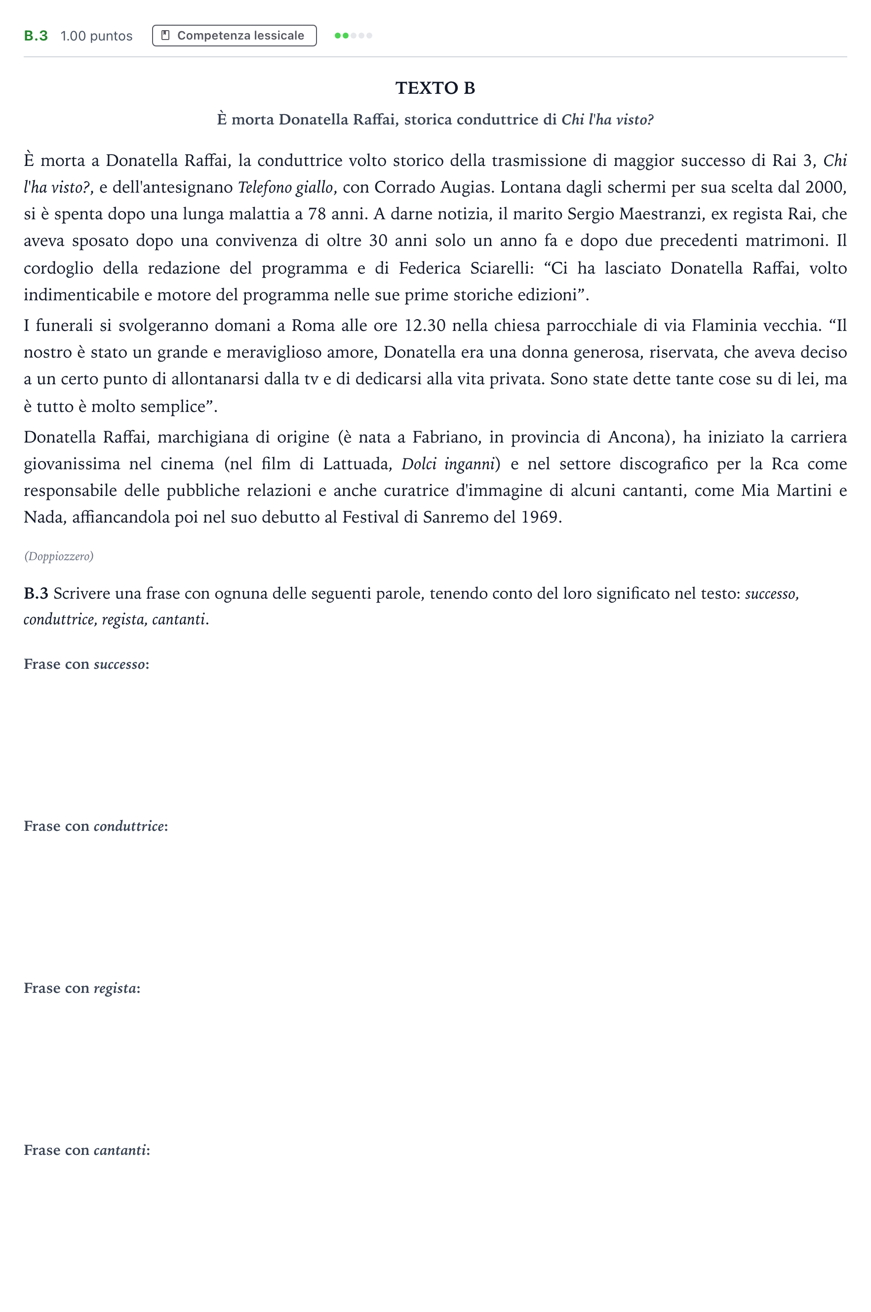 Enunciado: Ejercicio B.3 · Italiano PAU Madrid Ordinaria (2ª lengua) Coincidencias 2022
