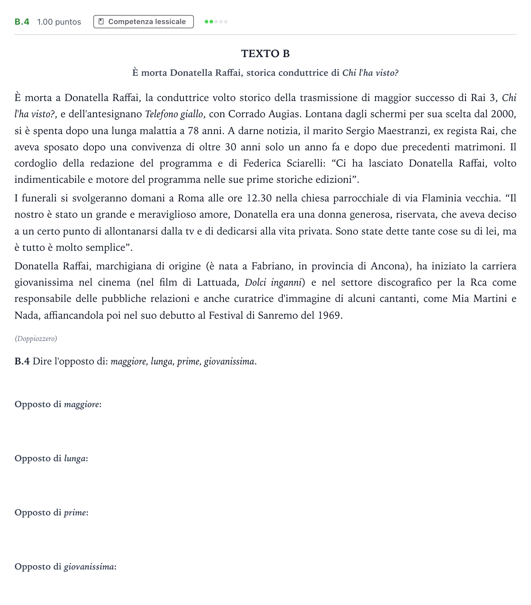 Enunciado: Ejercicio B.4 · Italiano PAU Madrid Ordinaria (2ª lengua) Coincidencias 2022