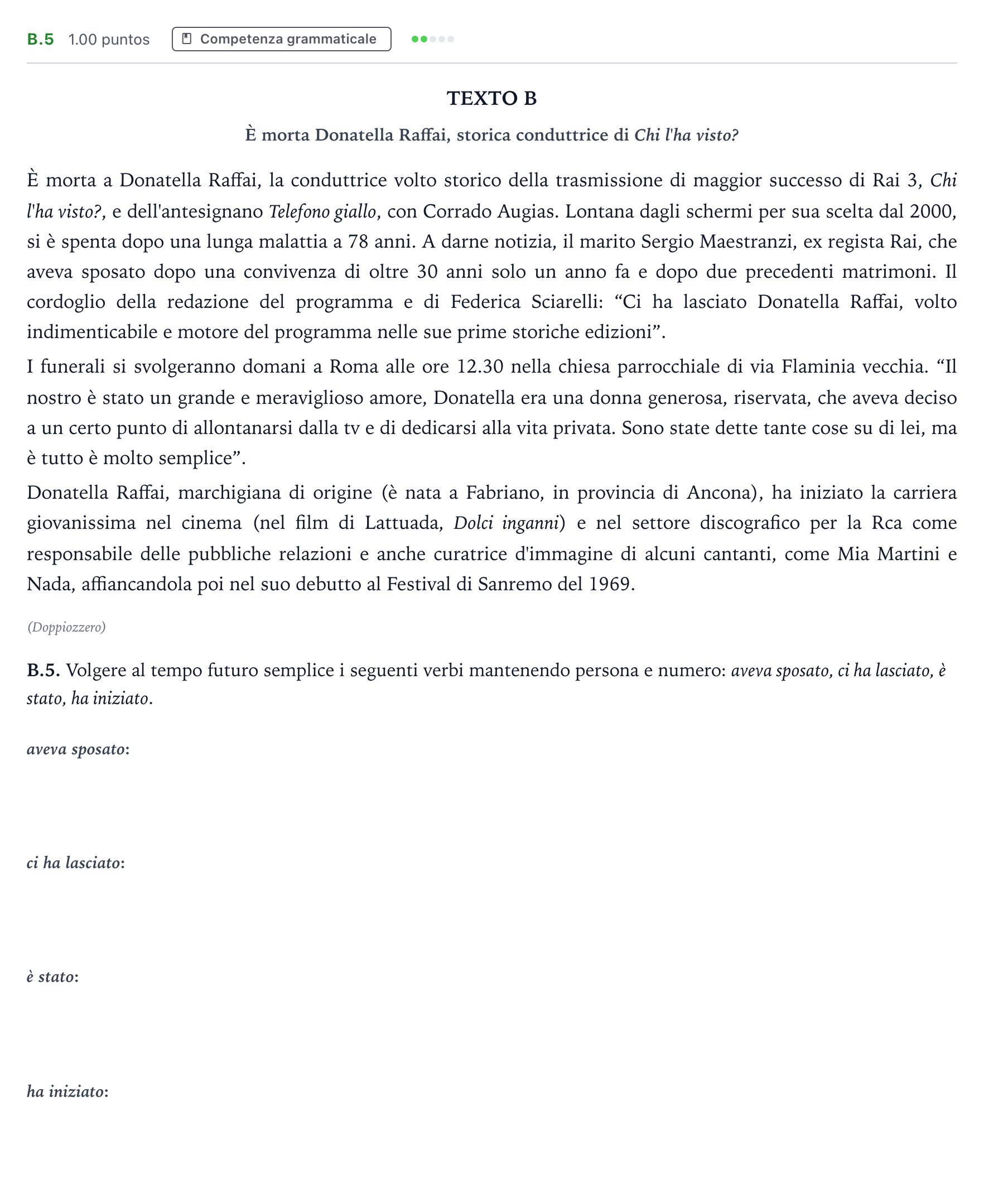 Enunciado: Ejercicio B.5 · Italiano PAU Madrid Ordinaria (2ª lengua) Coincidencias 2022
