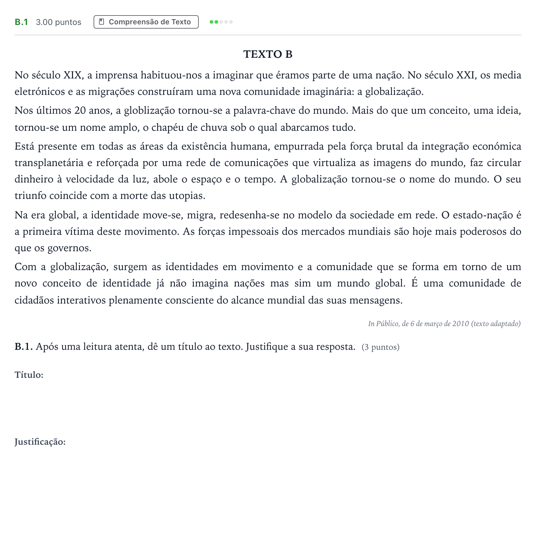 Enunciado: Ejercicio B.1 · Portugués PAU Madrid Extraordinaria Coincidencias 2022