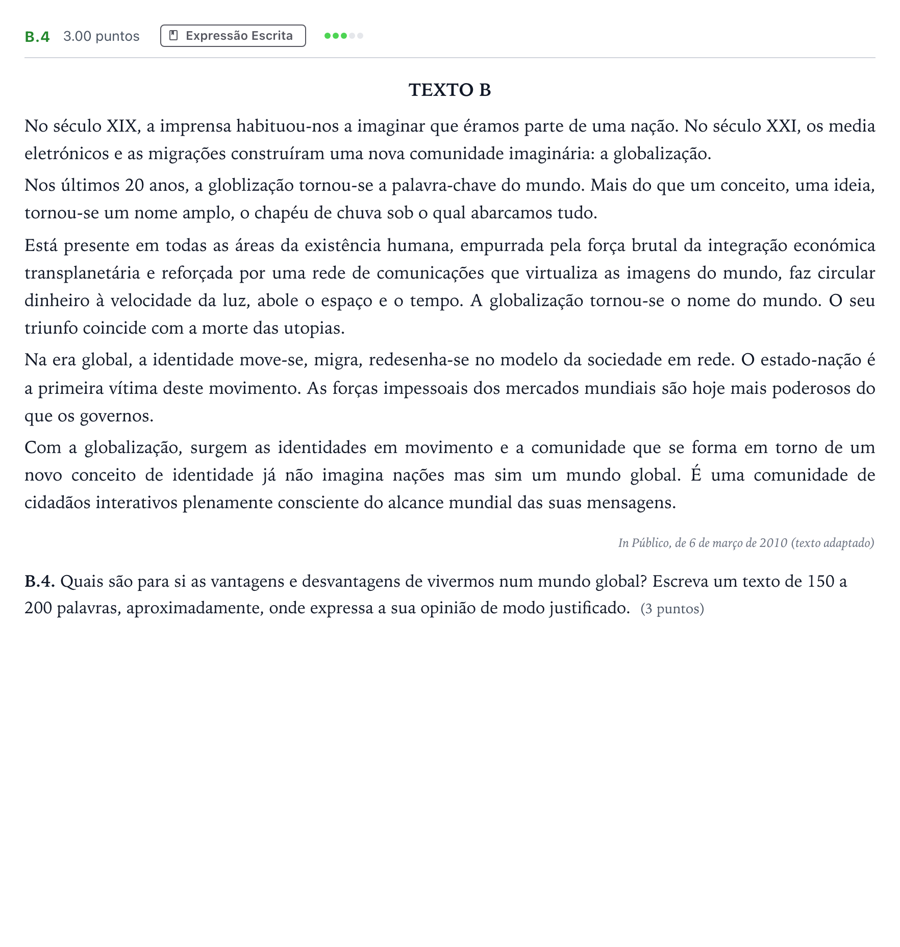 Enunciado: Ejercicio B.4 · Portugués PAU Madrid Extraordinaria Coincidencias 2022