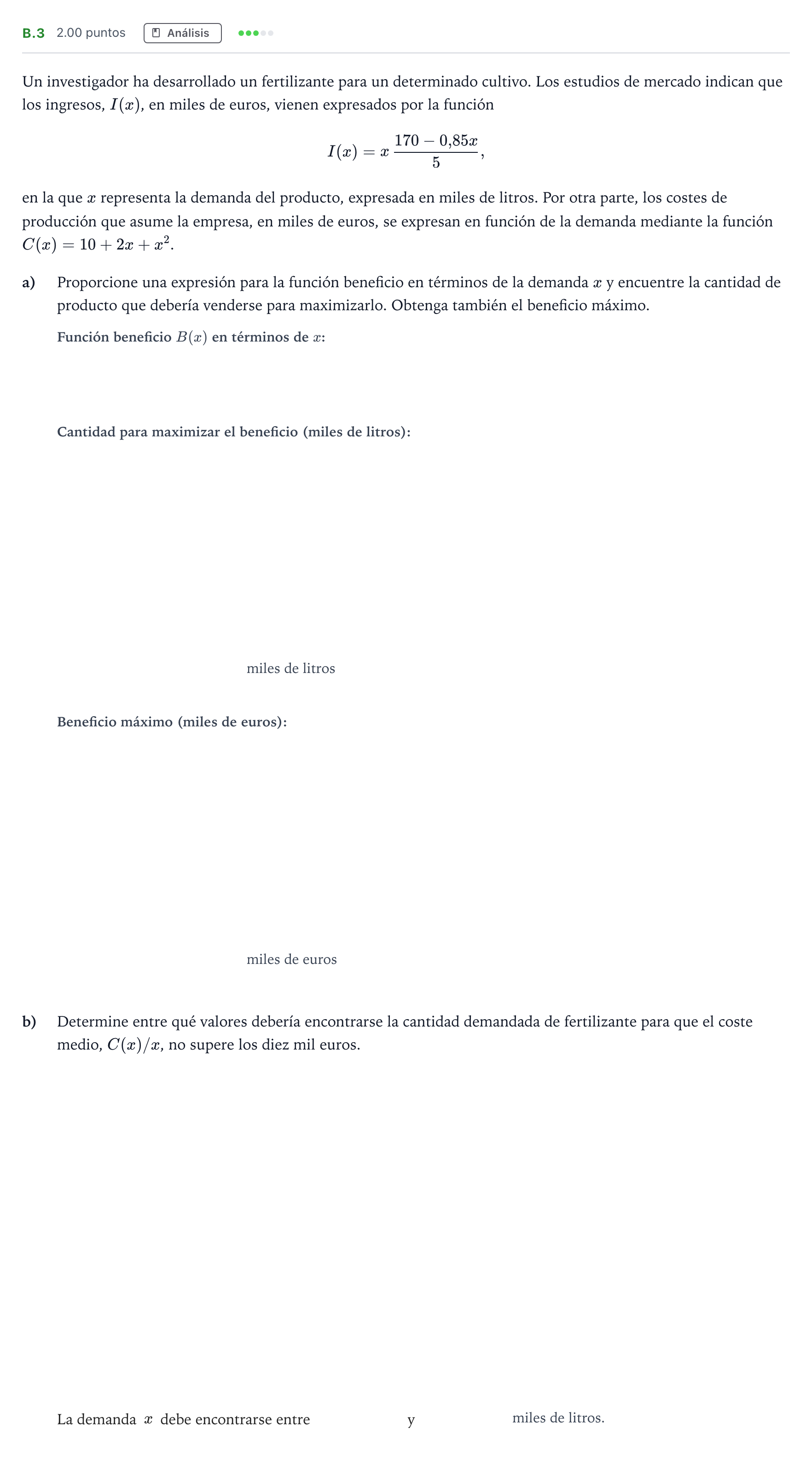 Enunciado: Ejercicio B.3 · Matemáticas aplicadas a las Ciencias Sociales II PAU Madrid Extraordinaria 2022