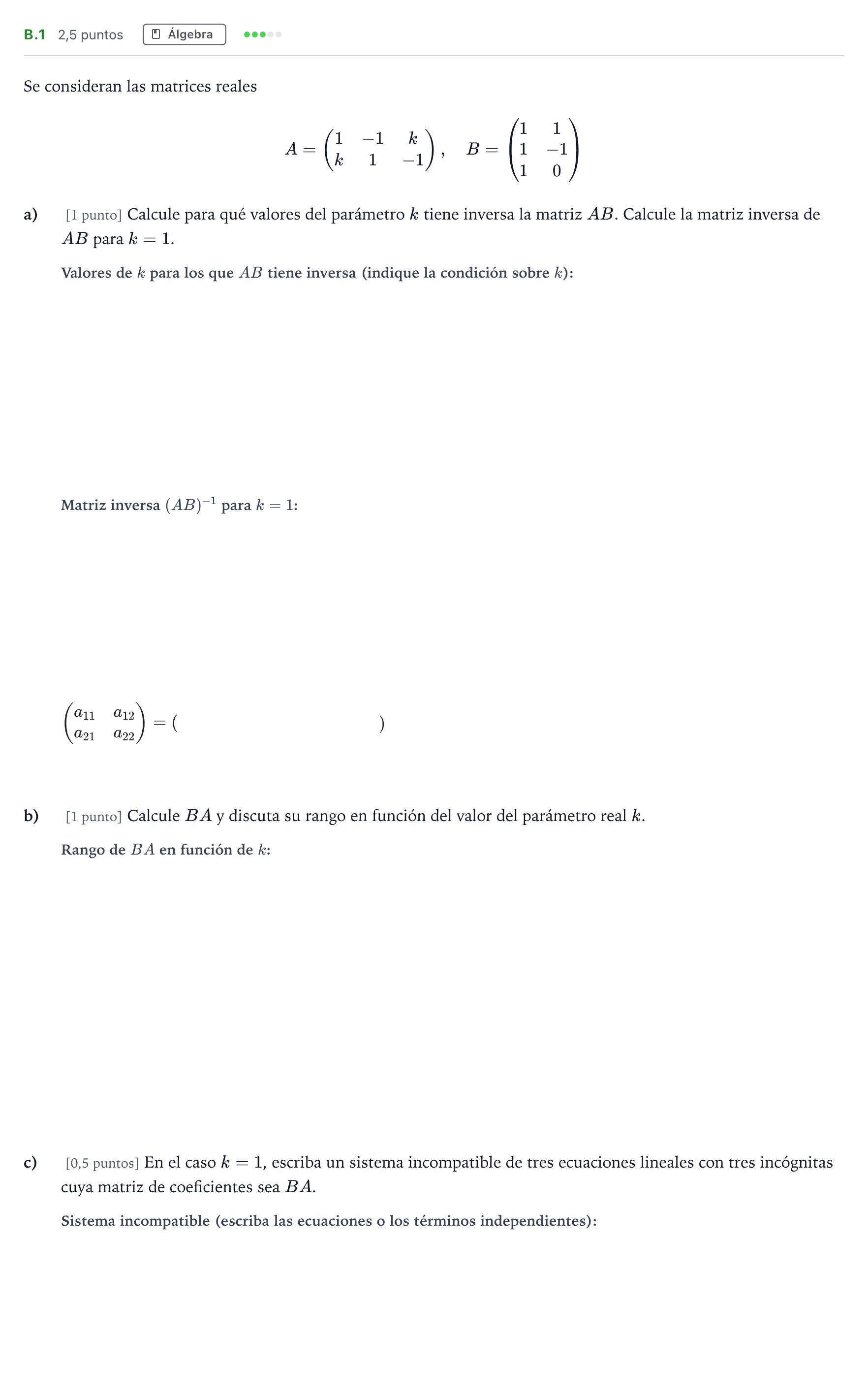 Enunciado: Ejercicio B.1 · Matemáticas II PAU Madrid Extraordinaria 2022