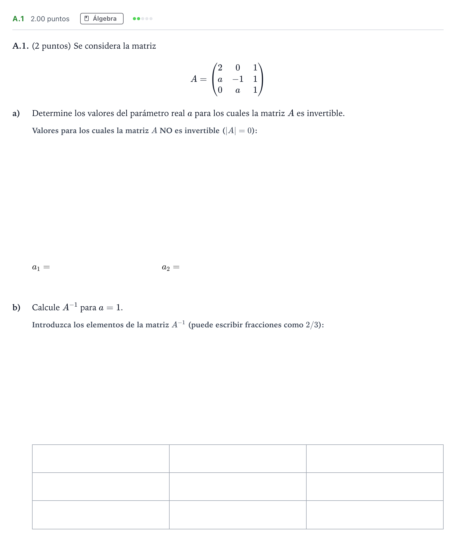 Enunciado: Ejercicio A.1 · Matemáticas aplicadas a las Ciencias Sociales II PAU Madrid Ordinaria 2022